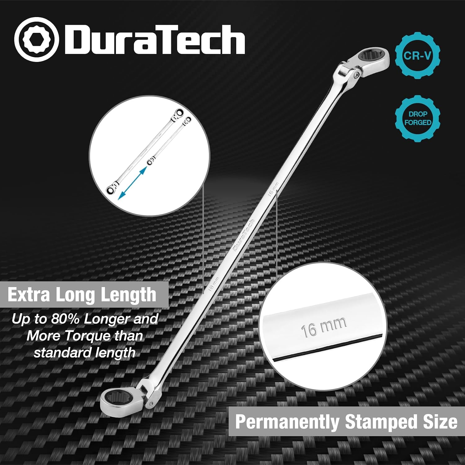 DURATECH Extra Long Flex-Head Ratcheting Wrench Set, Metric, CR-V Steel