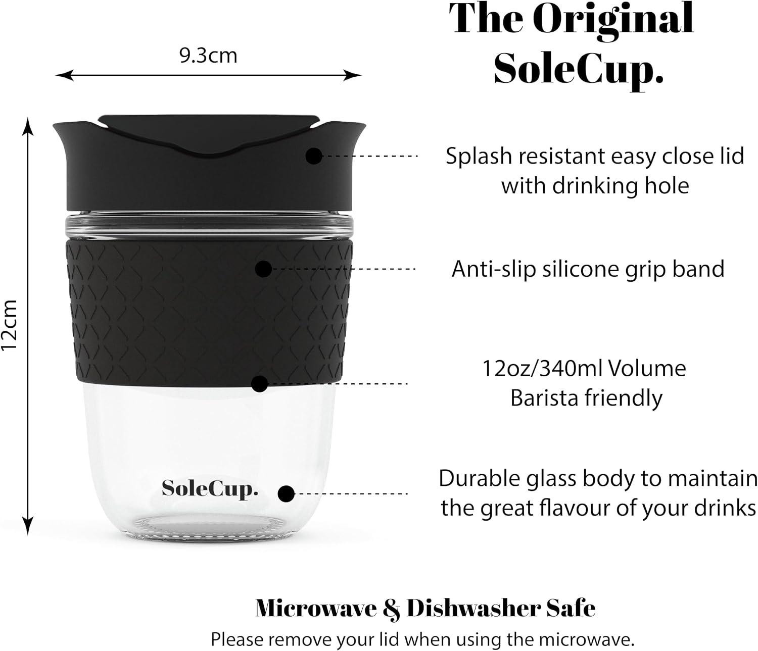 Large Travel Mug - Reusable Glass Coffee Mug - 18oz/530ml BPA-Free Hot Drink Travel Mug with Lid & Silicone Band (Black, 18oz)