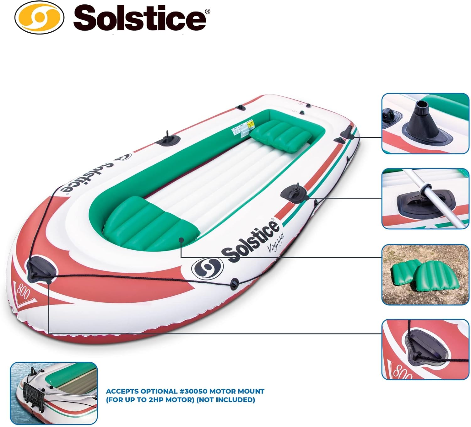 Solstice Voyager 4-Person Inflatable Fishing Boat with Dual Swivel Oar Locks and Rod -Holder, Motor Compatible 9' x 5'
