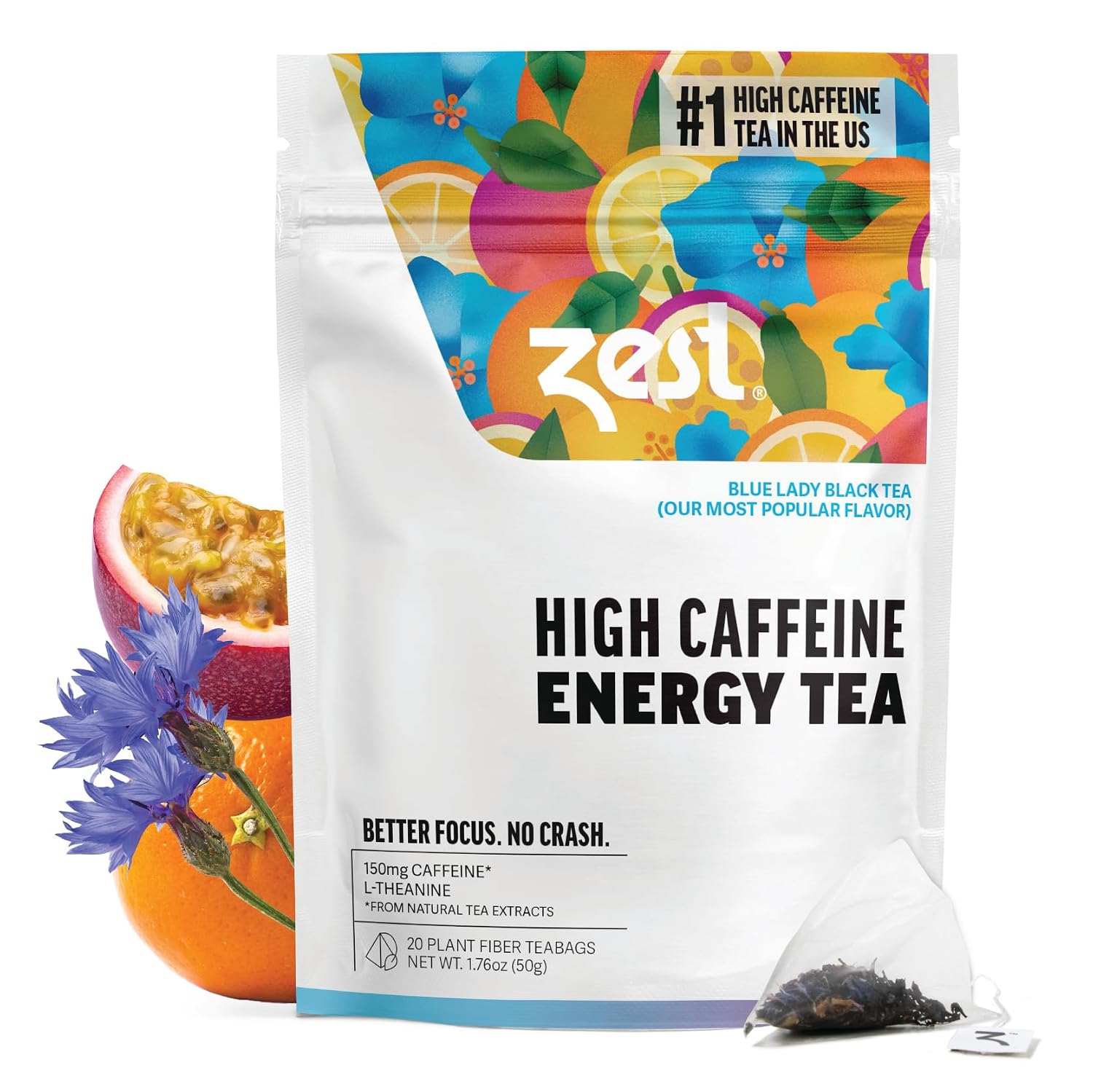 Zest Energy Green Tea – Pomegranate Mojito High Caffeine Tea Bags for Focus & Morning Energy – Natural Caffeinated Tea with 135mg Caffeine – Coffee Substitute – 20Ct Pack, Non-GMO & Keto Friendly