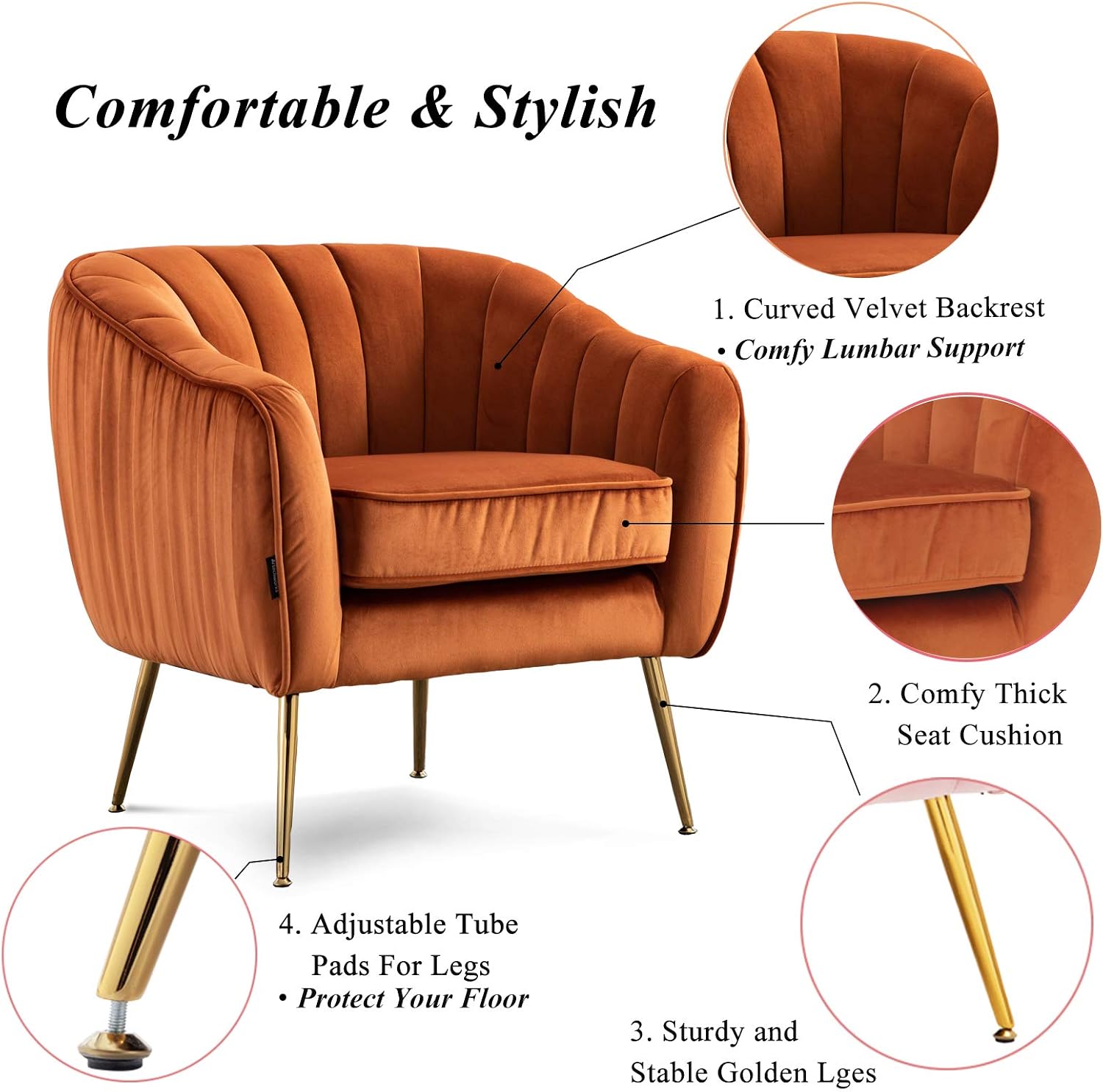 Velvet Modern Tub Barrel Arm Chair Upholstered Tufted with Gold Metal Legs Accent Club Chair with Ottoman Footrest for Living Reading Room Bedroom