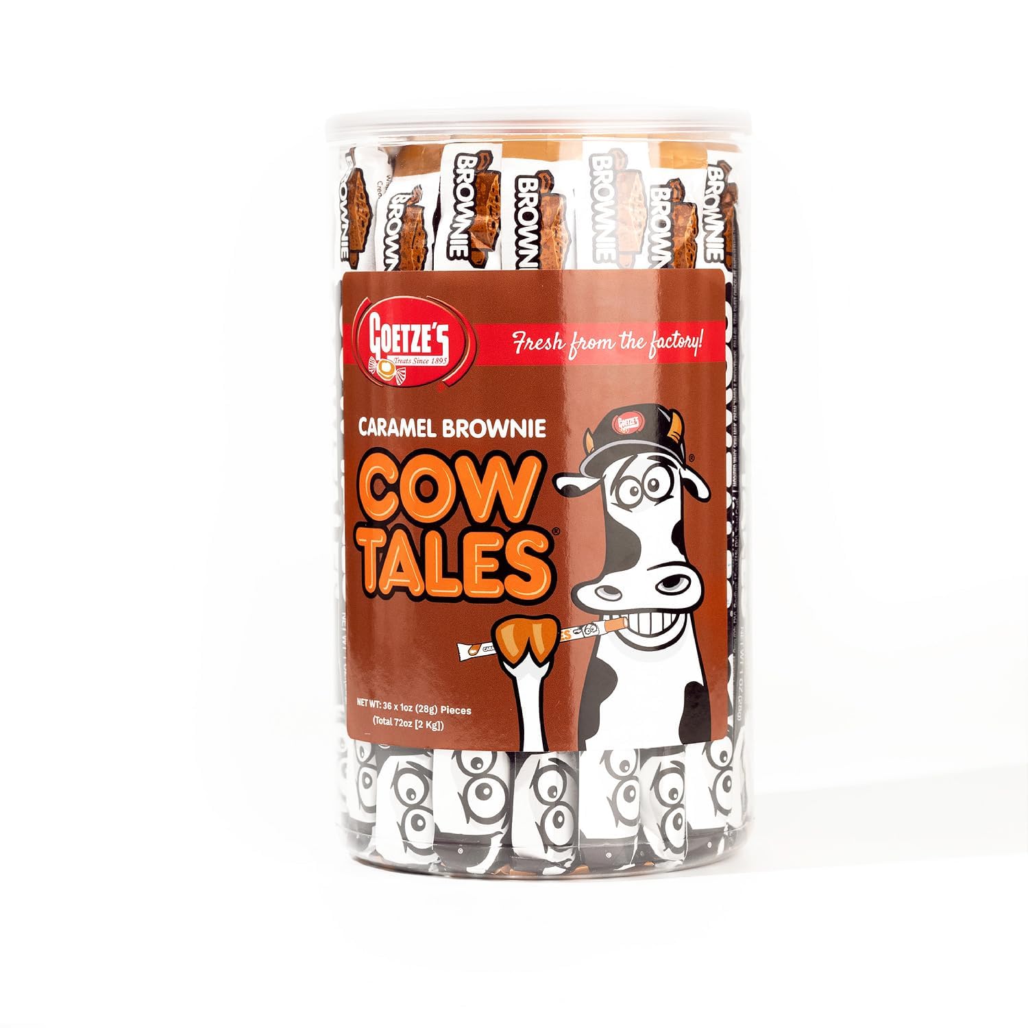 Goetze's Candy Caramel Brownie Cow Tales, 2.25 lb 36ct Canister | Rich Chewy Brownie Caramel & Smooth Cream Filling