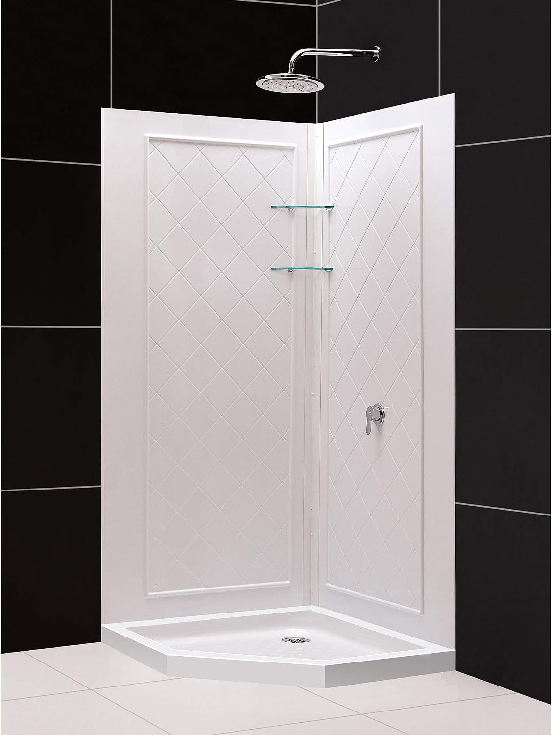 DreamLine 36 in. x 36 in. x 76 3/4 in. H Neo-Angle Shower Base and QWALL-4 Acrylic Corner Backwall Kit in White, DL-6044C-01