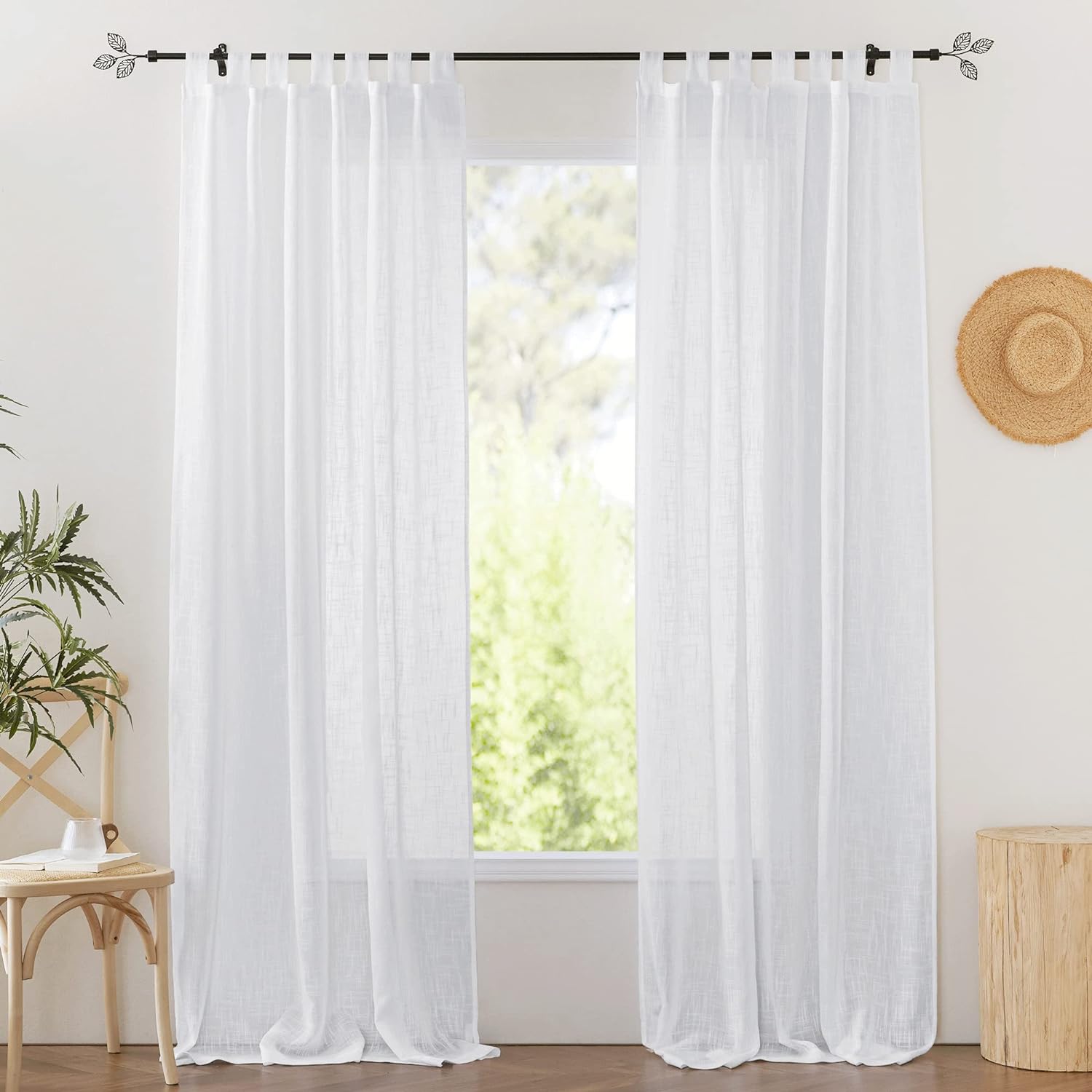 RYB HOME Linen Sheer Curtains - Linen Textured Semi Sheer Curtains for Kids Nursery Bedroom Living Room Window