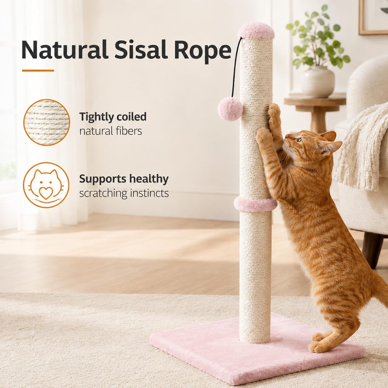 Dimaka 29" Height Tall Cat Scratching Post, Claw Scratcher with Sisal Rope and Covered with Soft Smooth Plush, Vertical Scratch [Full Strectch] for Standard Size Cats(Grey, 29 inches for All Cats)