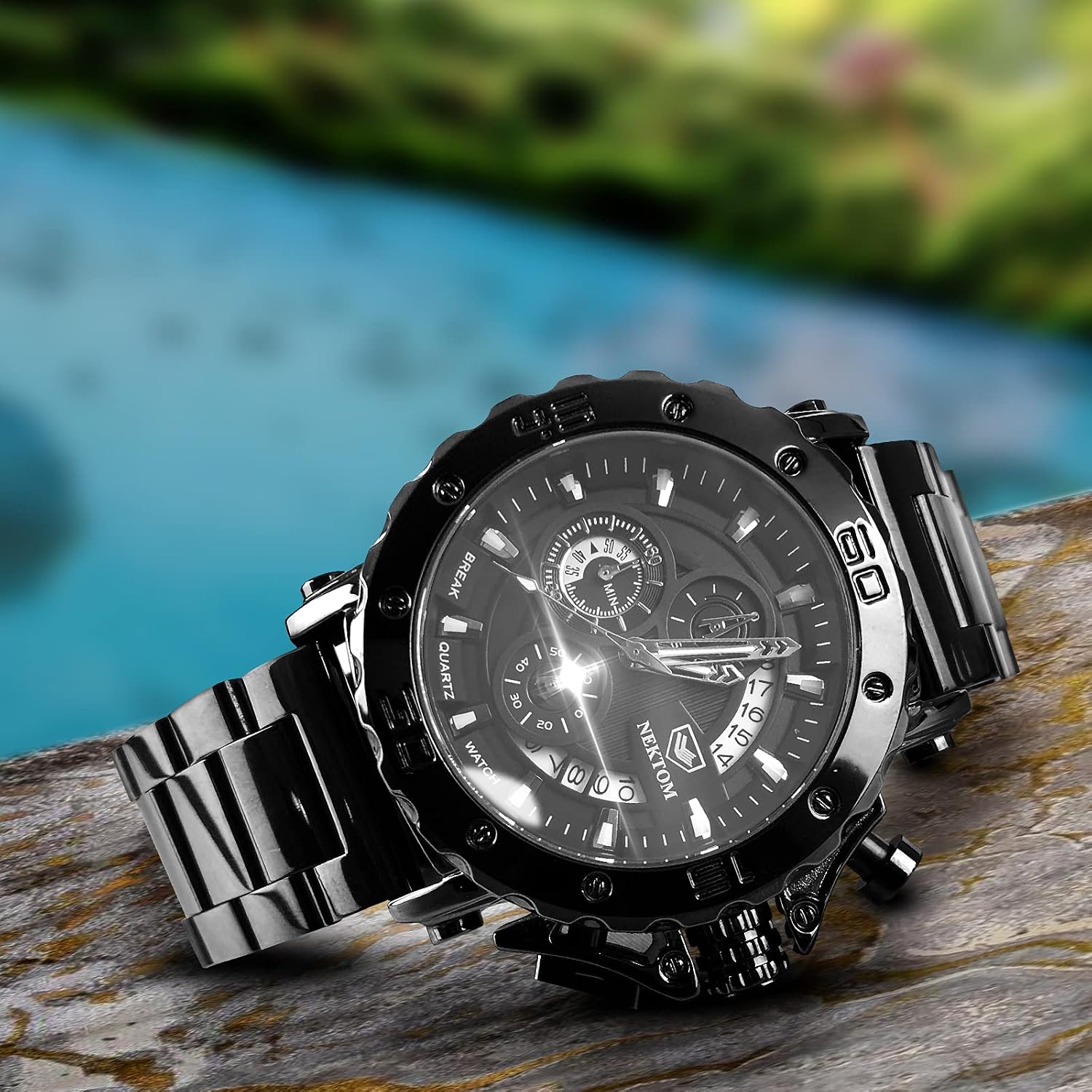 NEKTOM Watches for Men with Stainless Steel, Quartz Analog Watch with Date, Luxury Minimalist Dress Mens Watches, Chronograph Watch, 3ATM Waterproof
