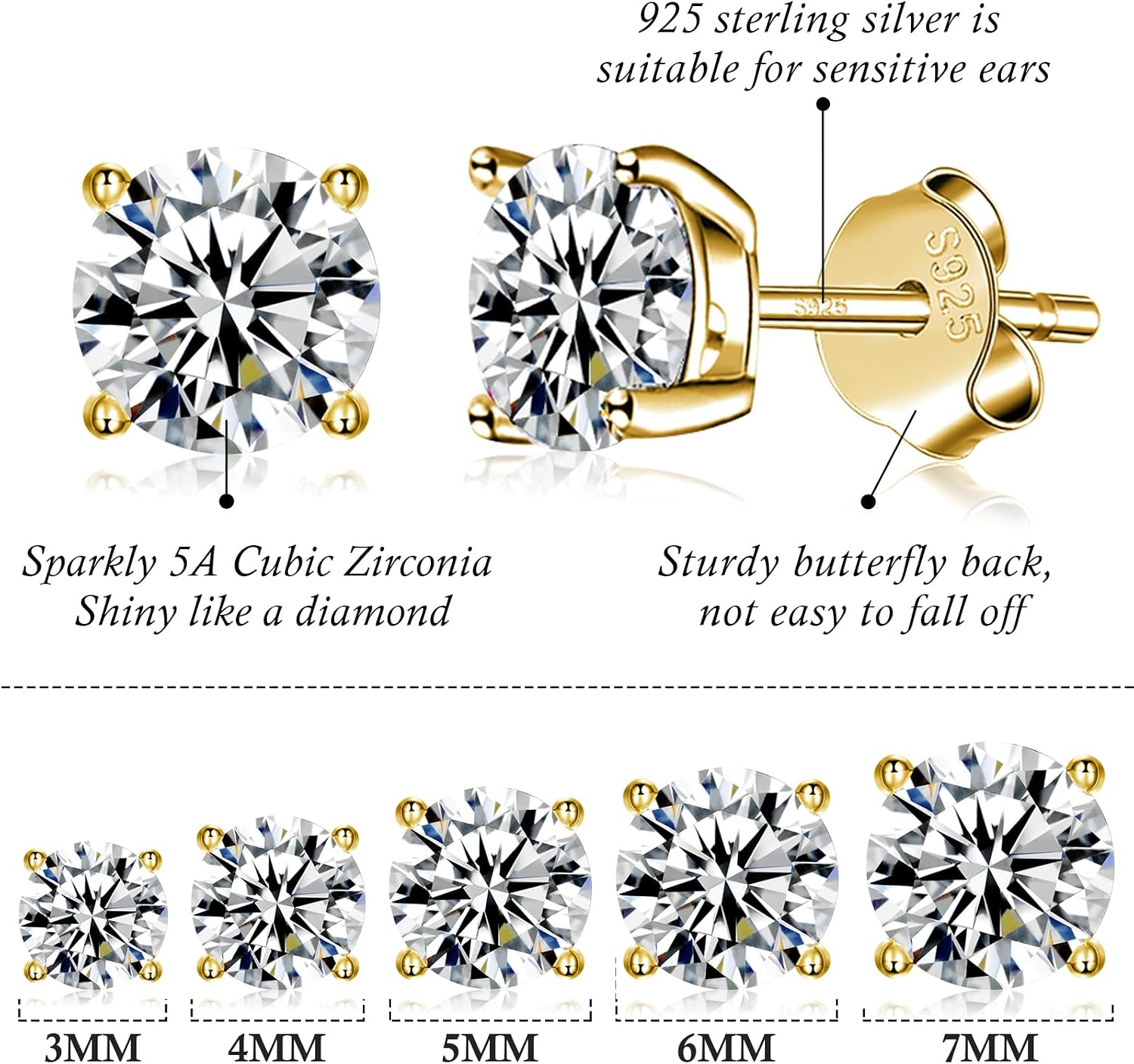 925 Sterling Silver Stud earrings Set | White Gold Plated Hypoallergenic Stud Earrings | Cubic Zirconia Stud Earrings for Women (2mm, 3mm, 4mm, 5mm