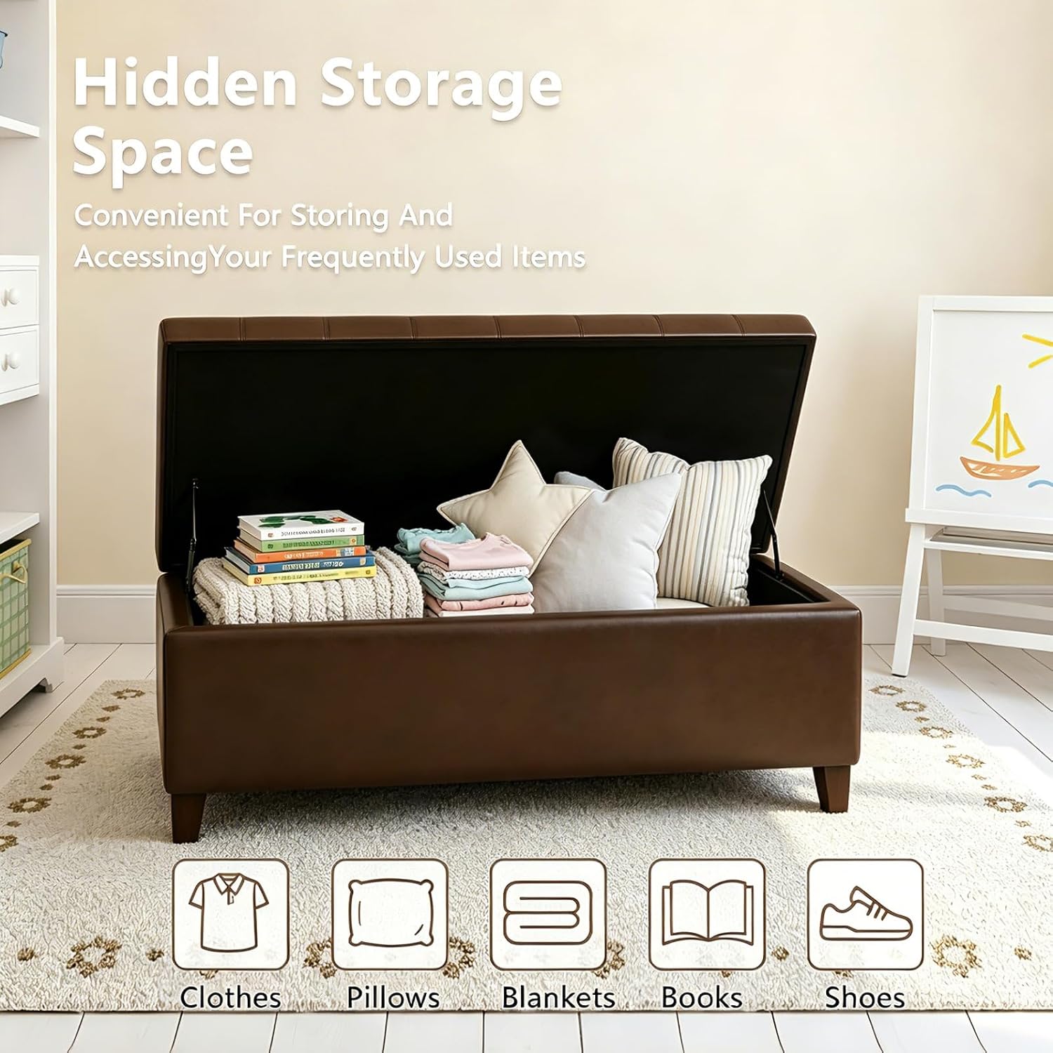 51 Inch Storage Bench,Leather Tufted Storage Ottoman with Legs | Safety Hinges,Wooden Legs,Upholstered,End of Bed,Bedroom,Living Room,Entryway,330LBS,Brown