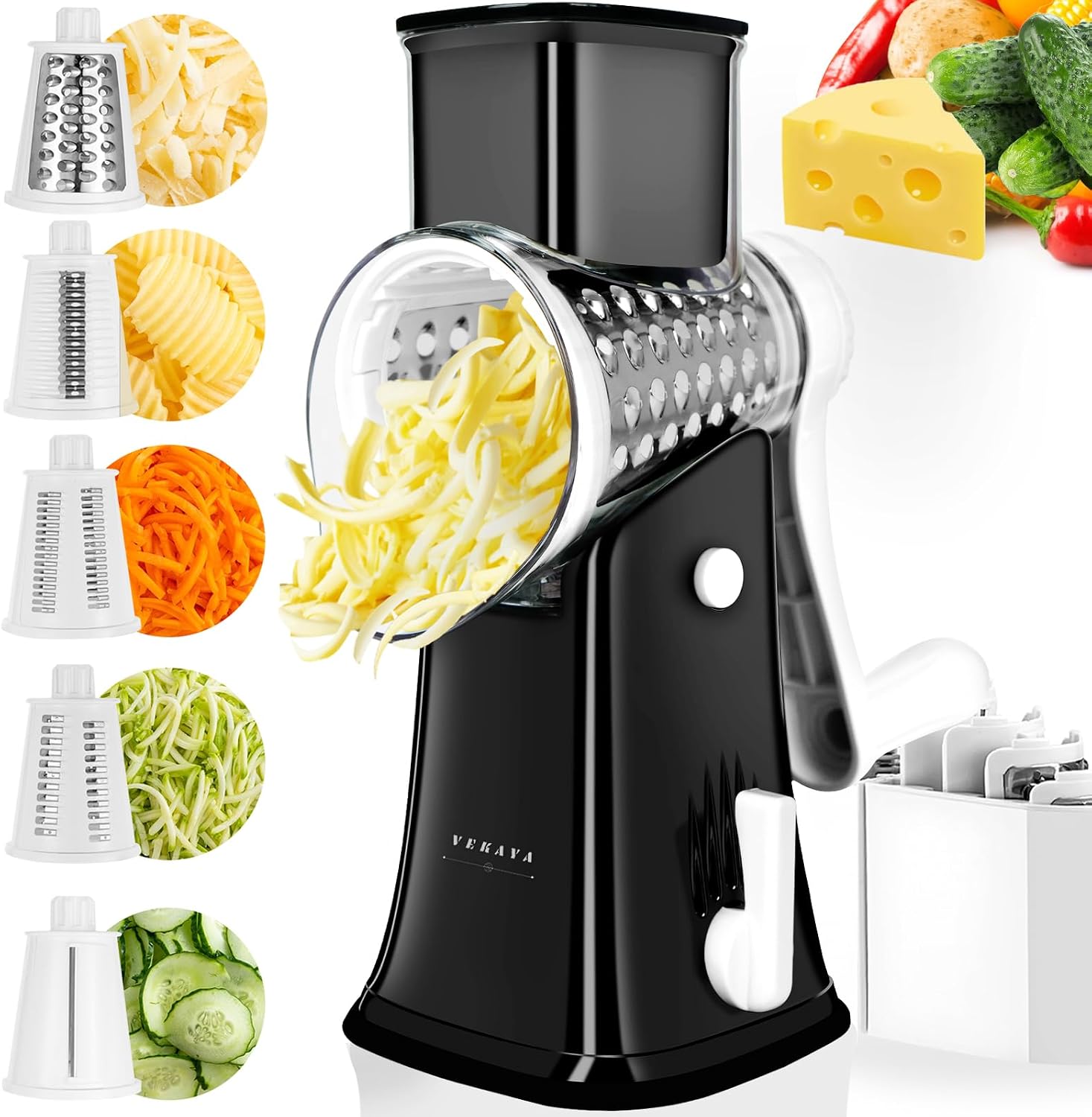 5 in 1 Rotary Cheese Grater Hand Crank, Cheese Shredder with Handle