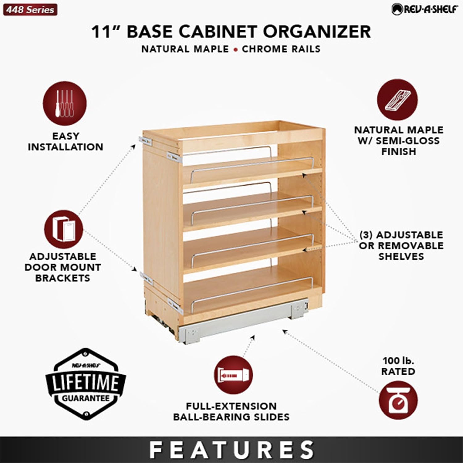 Rev-A-Shelf Pullout Kitchen Cabinet Organizer, Min Cabinet Opening 8.5" W | 8" W Slide Out Pantry Spice or Utensil Storage Rack with Adjustable Shelves for Base Cabinet Organization, 448-BC-8C