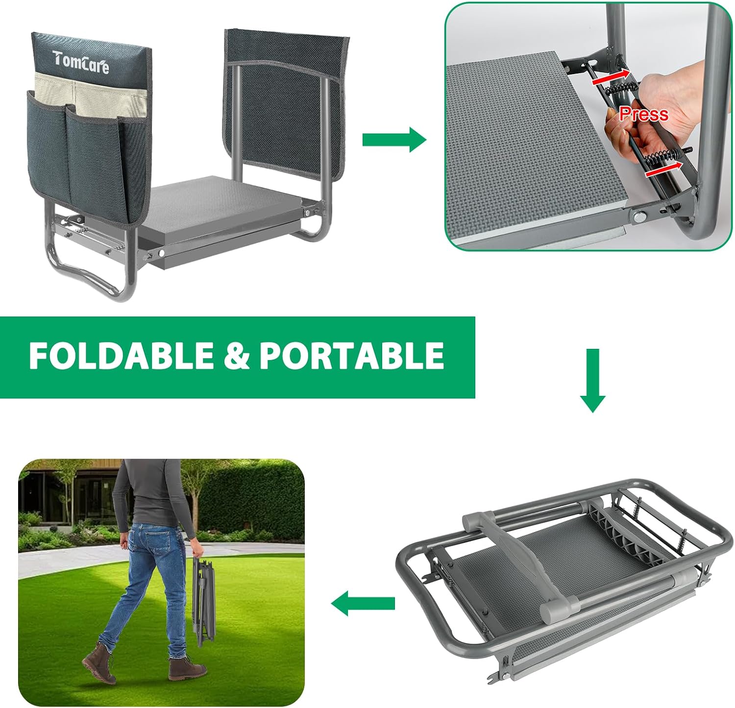 TomCare Garden Kneeler and Seat, 11.12" Kneeling Pad Sturdy Garden Bench | Heavy Duty Garden Stool, 450 lbs Load Capacity, 2 Tool Pouches, Foldable Design, Gardening Gift for Women, Men and Gardeners