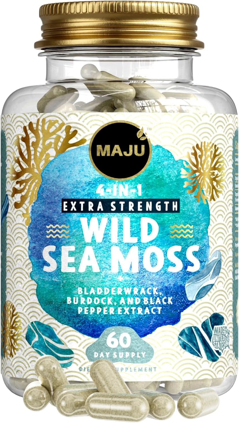 MAJU 4-in-1 Organic Sea Moss Capsules, Wild Chondrus Crispus, Seamoss w/Bladderwrack + Burdock Root, Stronger Than Gel, Irish