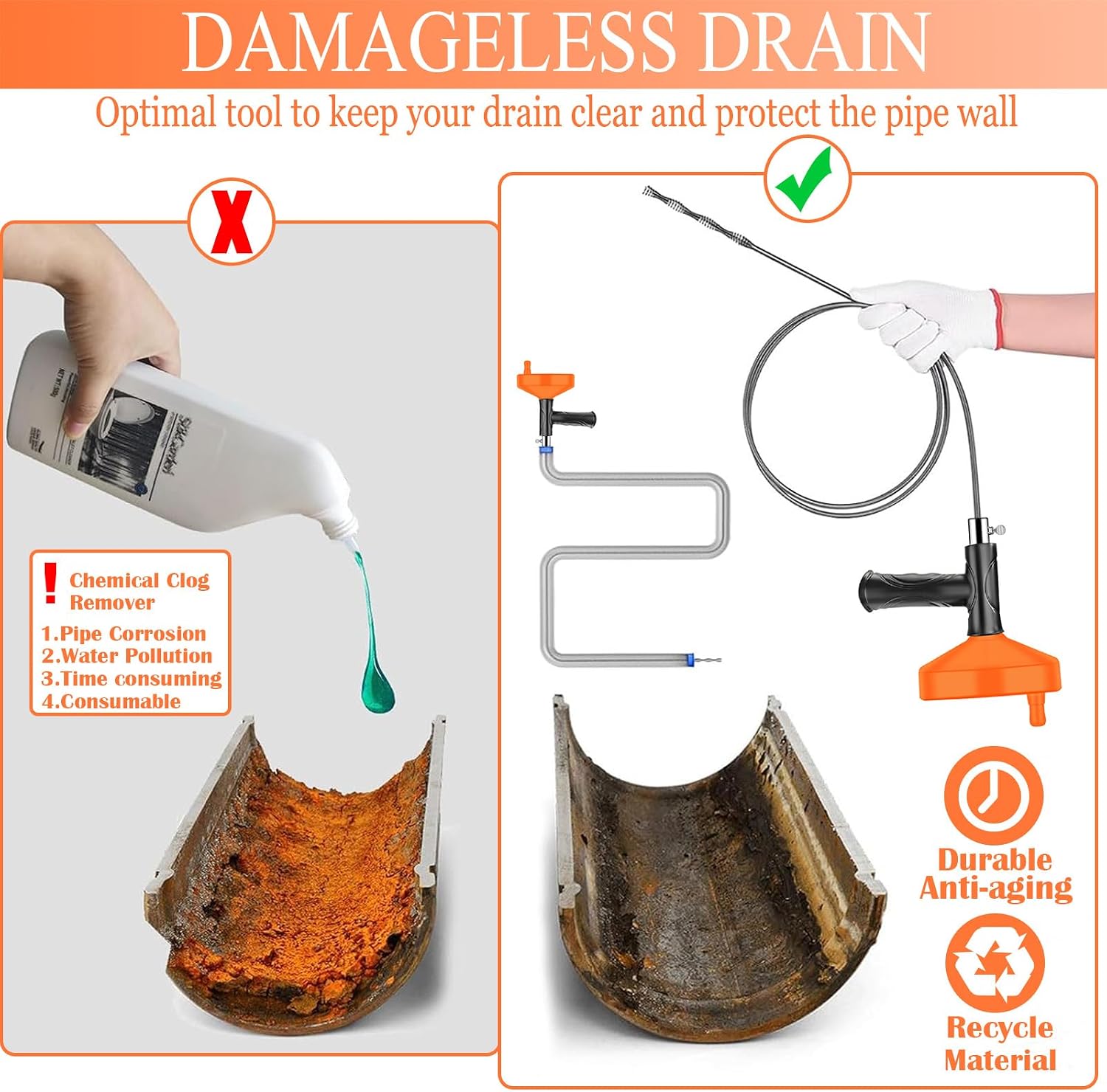 33 Feet Drain Snake Auger, Plumbing Snake Drain Hair Clog Removal Tool, Heavy Duty Toilet Snake Auger