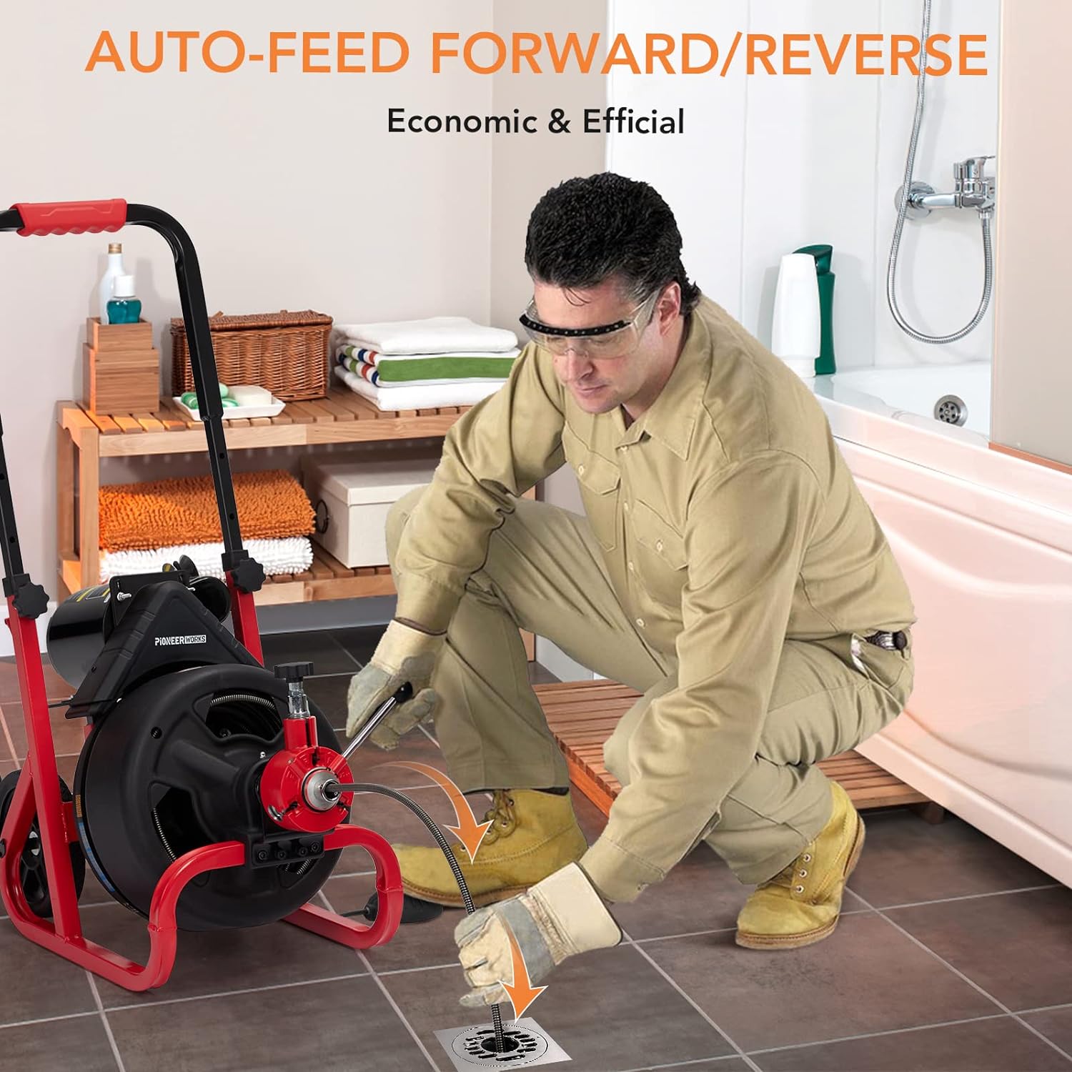 PIONEERWORKS Plumbing Snake & Drain Auger 100Ft x 3/8In, Electric Drain Cleaner Machine with Auto Feed, 6.8A Sewer Auger for 1-4 Inch Pipes