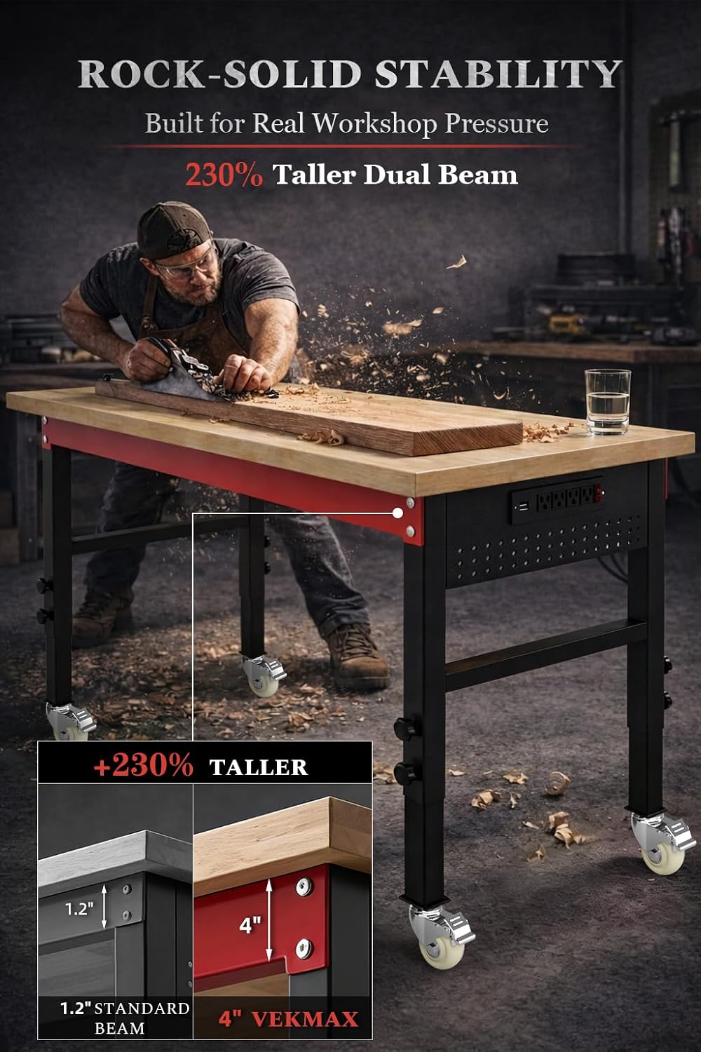 60" Heavy Duty Workbench, 2500 LBS Load Capacity Work Bench with 1.2" Laminated Oak Wood Top & Reinforced Steel Frame, Adjustable Height Work Table for Garage, Workshop, Office, Home (Casters)