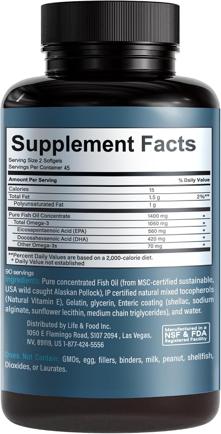 Omega-3 Supreme 1400 mg Wild Alaskan Fish Oil | Enteric Coated, Burpless | MSC Certified High EPA DHA, Improved Absorption & Heavy Metal Tested (3 Mo Supply,180 Softgels)