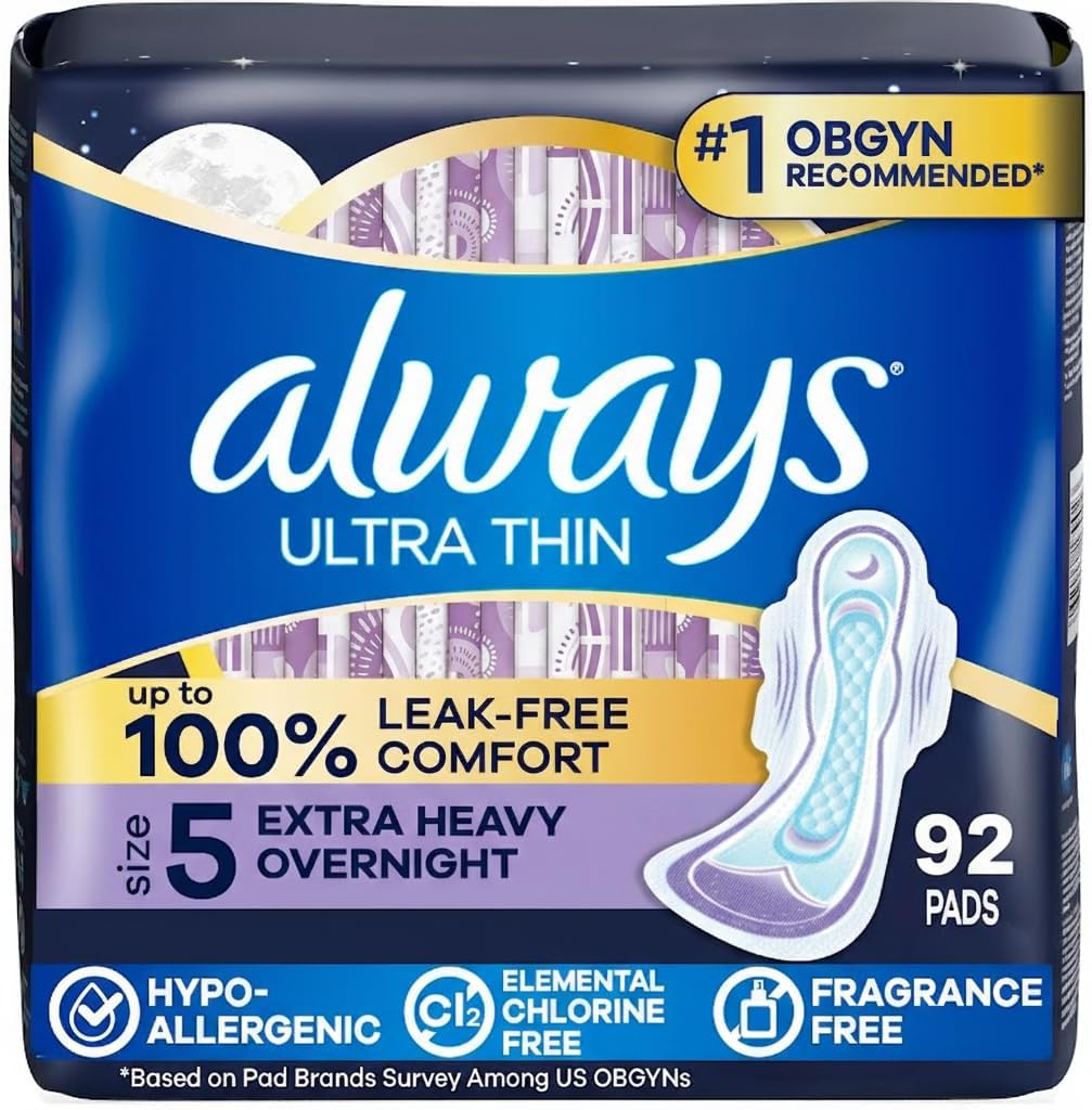 Always Ultra Thin Feminine Pads with Wings for Women, Size 5, Extra Heavy Overnight Absorbency, Unscented, Up to 100% Leak-Free Comfort, 34 Count