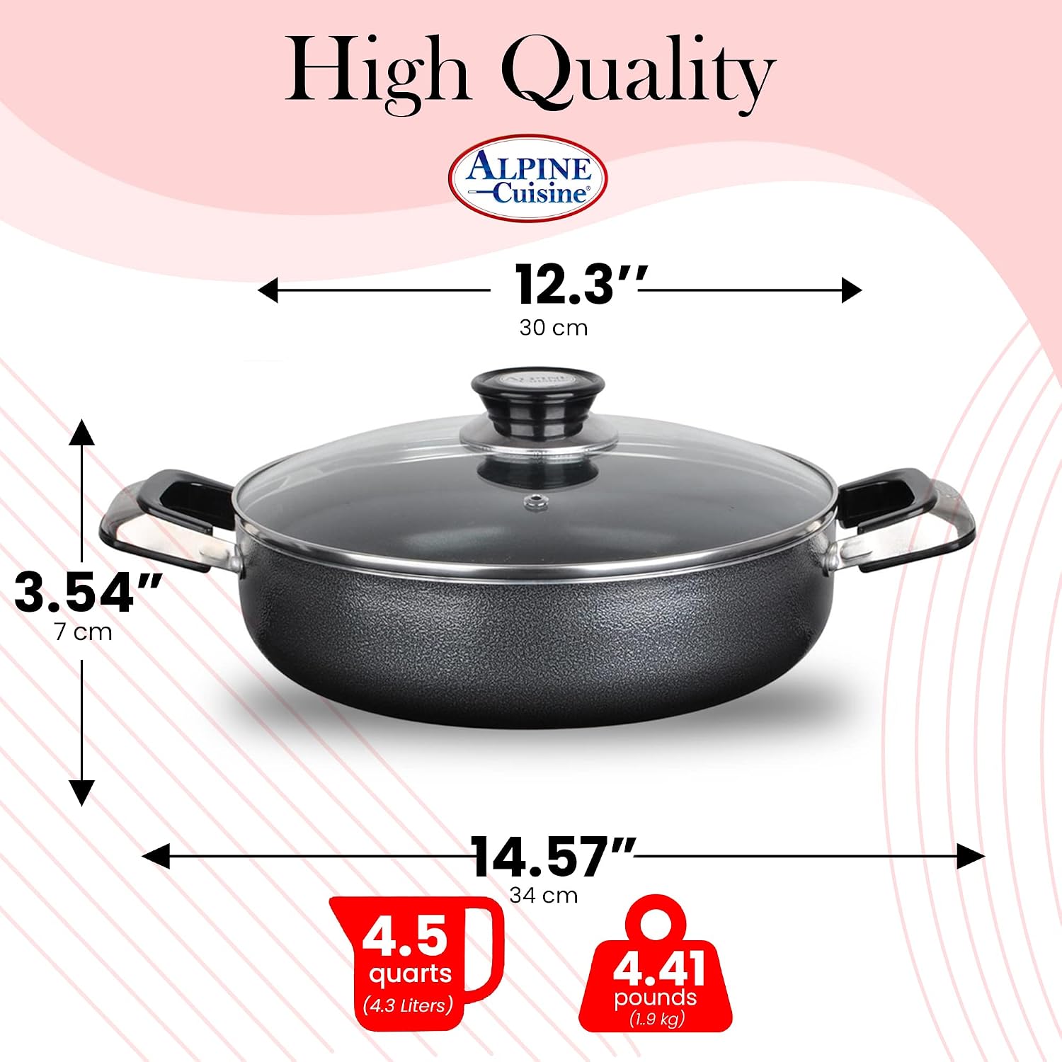 Alpine Cuisine 4 Quart Non-stick Stock Pot with Tempered Glass Lid and Carrying Handles, Multi-Purpose Cookware Aluminum Dutch Oven for Braising, Boiling, Stewing