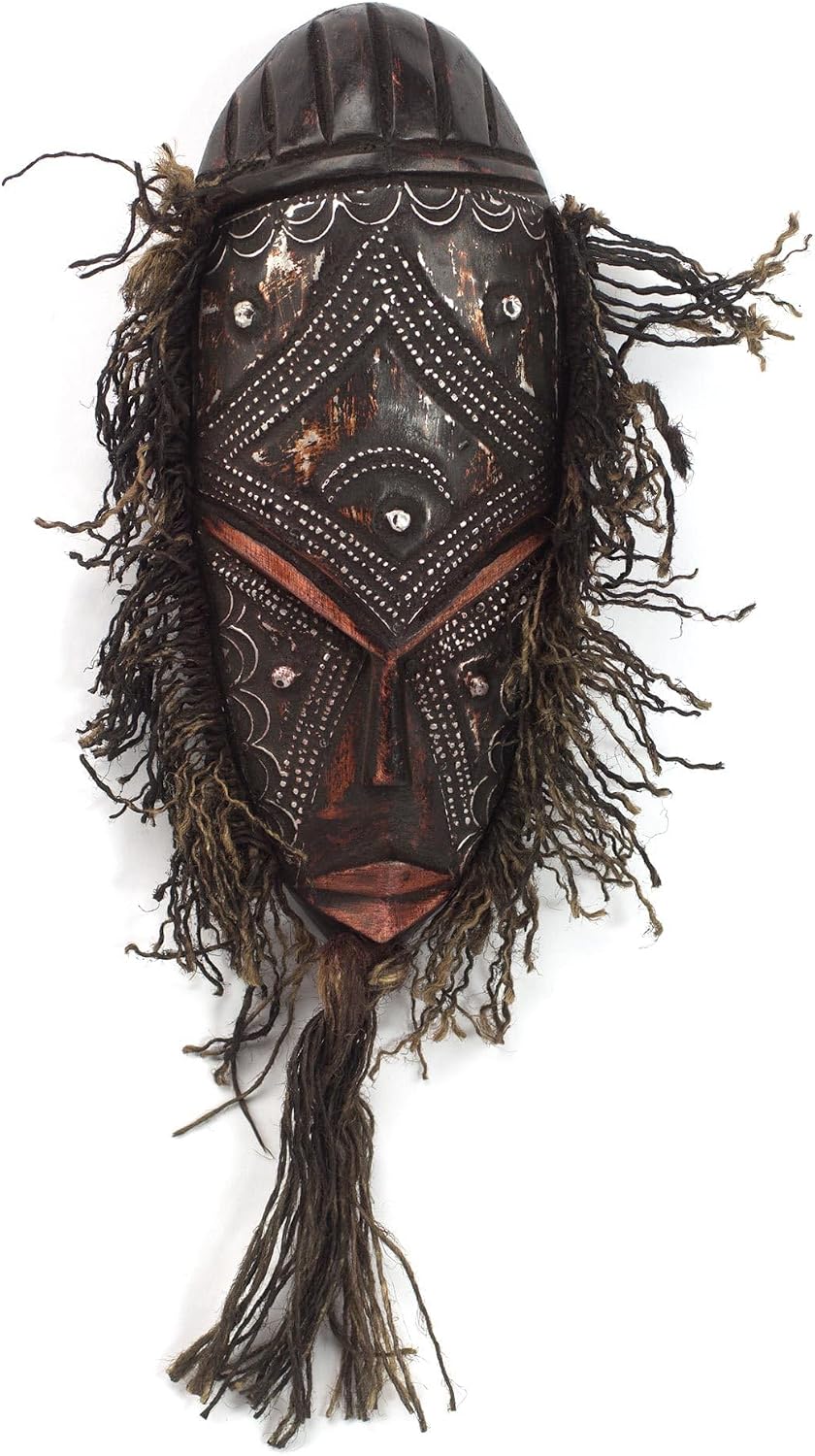 NOVICA Artisan Crafted Handmade African Sese Wood Mask | Aluminum Cotton Rustic | Aluminum Wall Mask | Brown Cotton Twine | Home Decoration | Hand