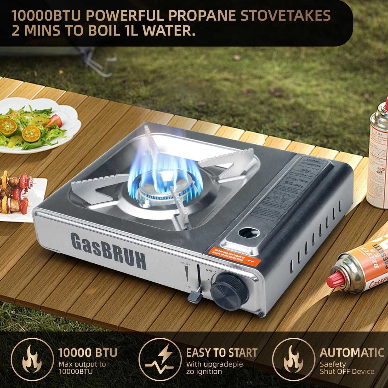 GasBRUH Propane or Butane Camping Stove with Windblocker, Dual Fuel 10,000 BTU Stainess Steel Propane Stove for Camping(TANK not included)