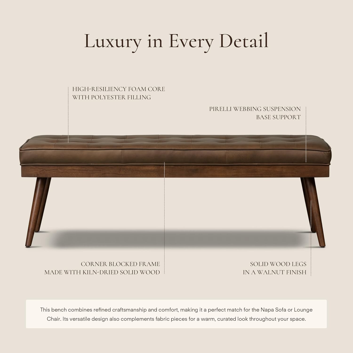 Poly & BARK 55" Tufted Leather Bed Bench for Bedroom End of Bed - Living Room Entry Way Bench - Pure Italian Leather Upholstery with a Solid Wood Frame - Ottoman Bench with Wooden Legs - Cognac Tan