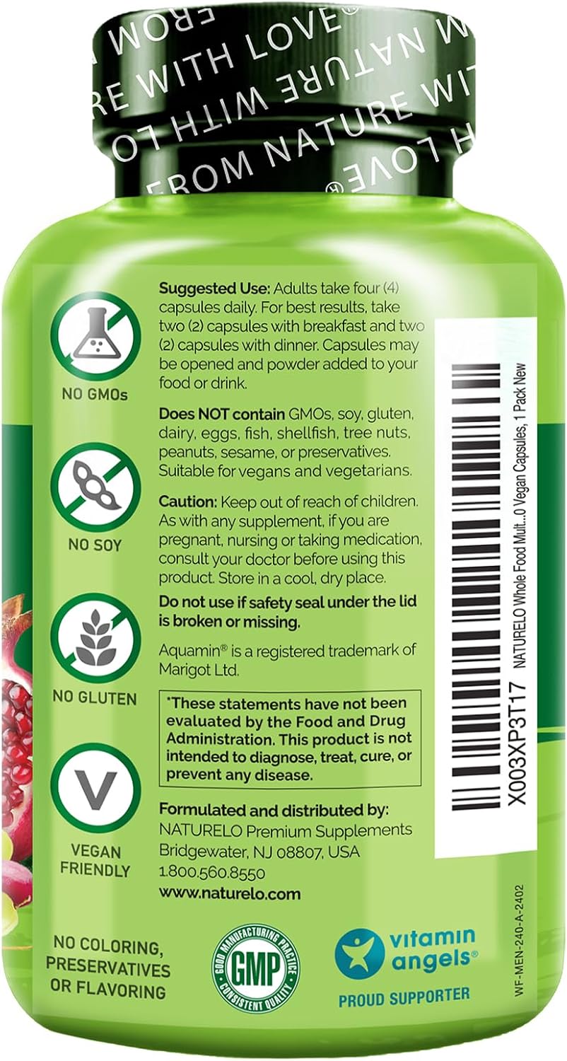 NATURELO Men's Multivitamins - Whole Food Multivitamin for Men, 120 Caps | Vitamins, minerals, vegetarian capsules, energy, brain, heart, eye health*