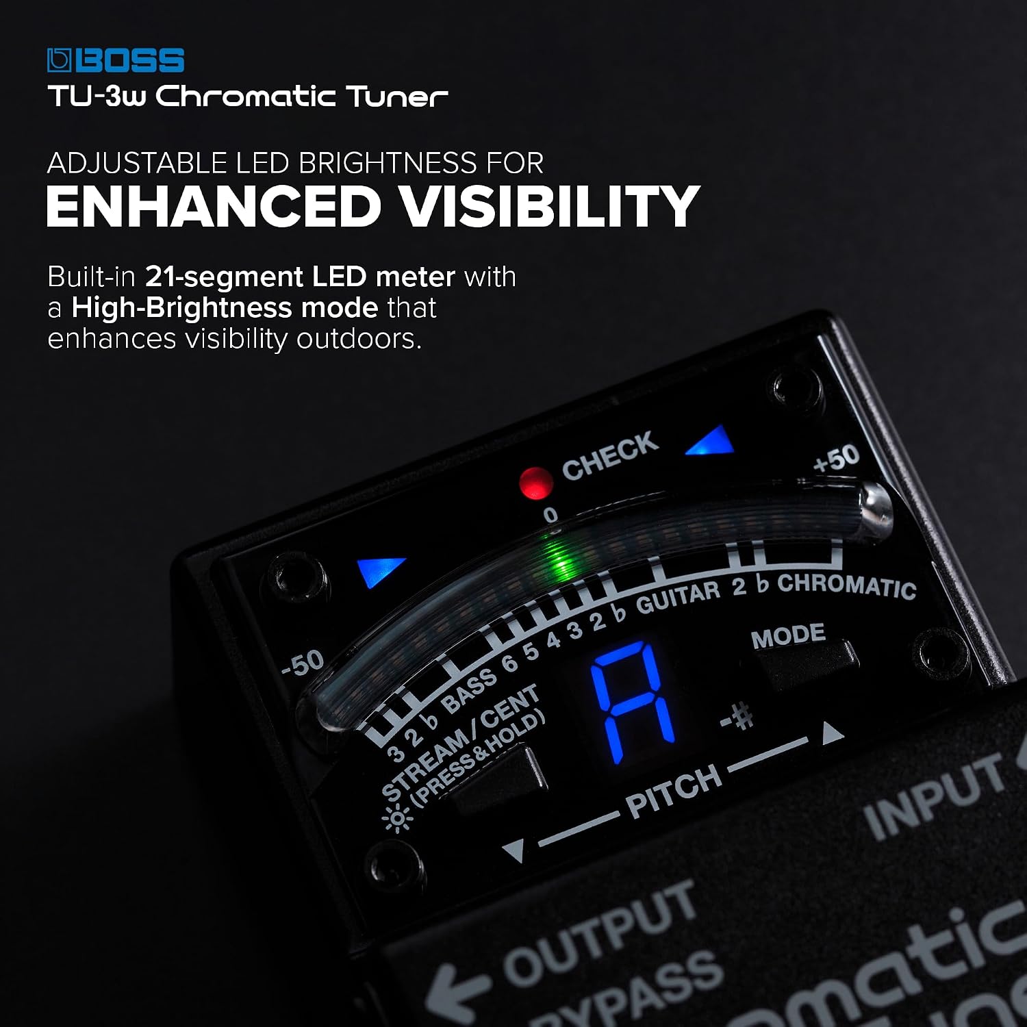 BOSS TU-3W Waza Craft Compact Chromatic Tuner | Enhanced with Waza Innovation & Craftsmanship | Superior Tuning for Guitar and Bass | 21-Segment