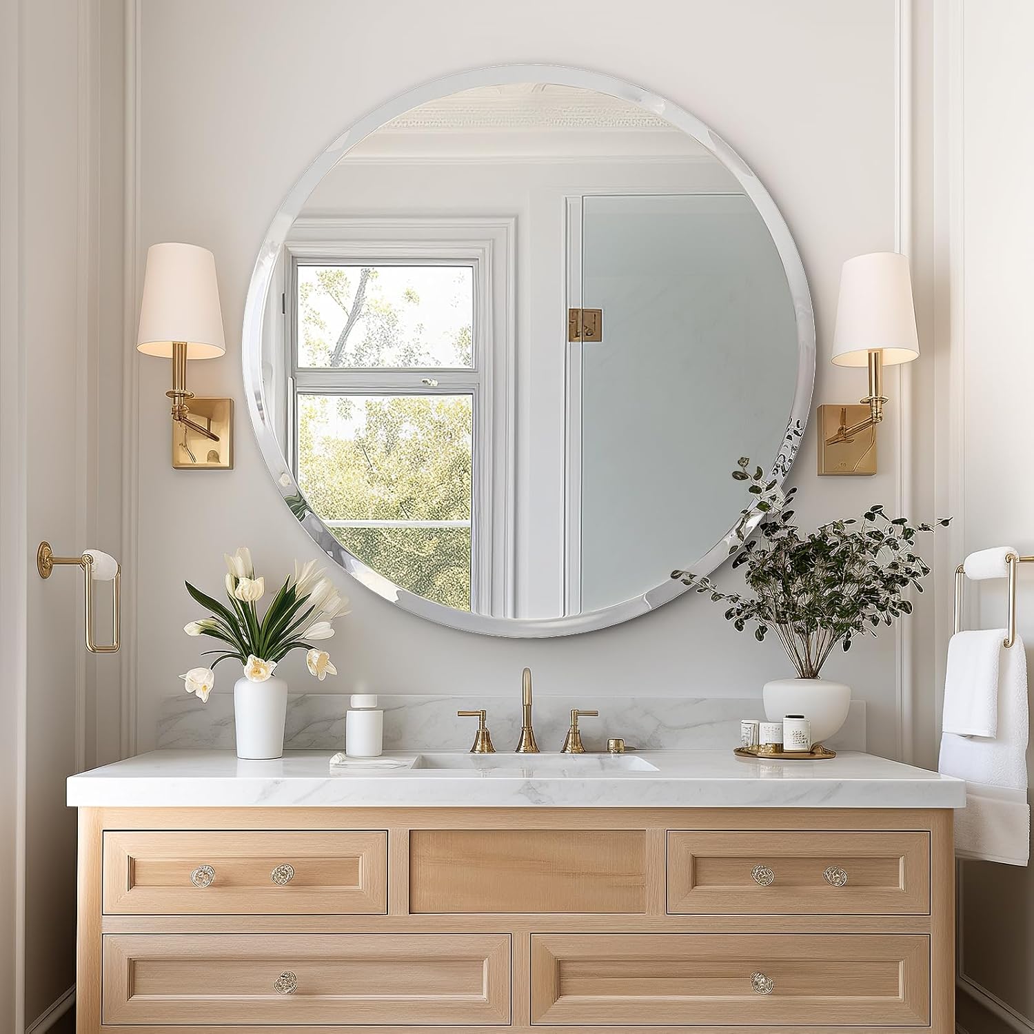 USHOWER Frameless Round Bathroom Mirror 24"