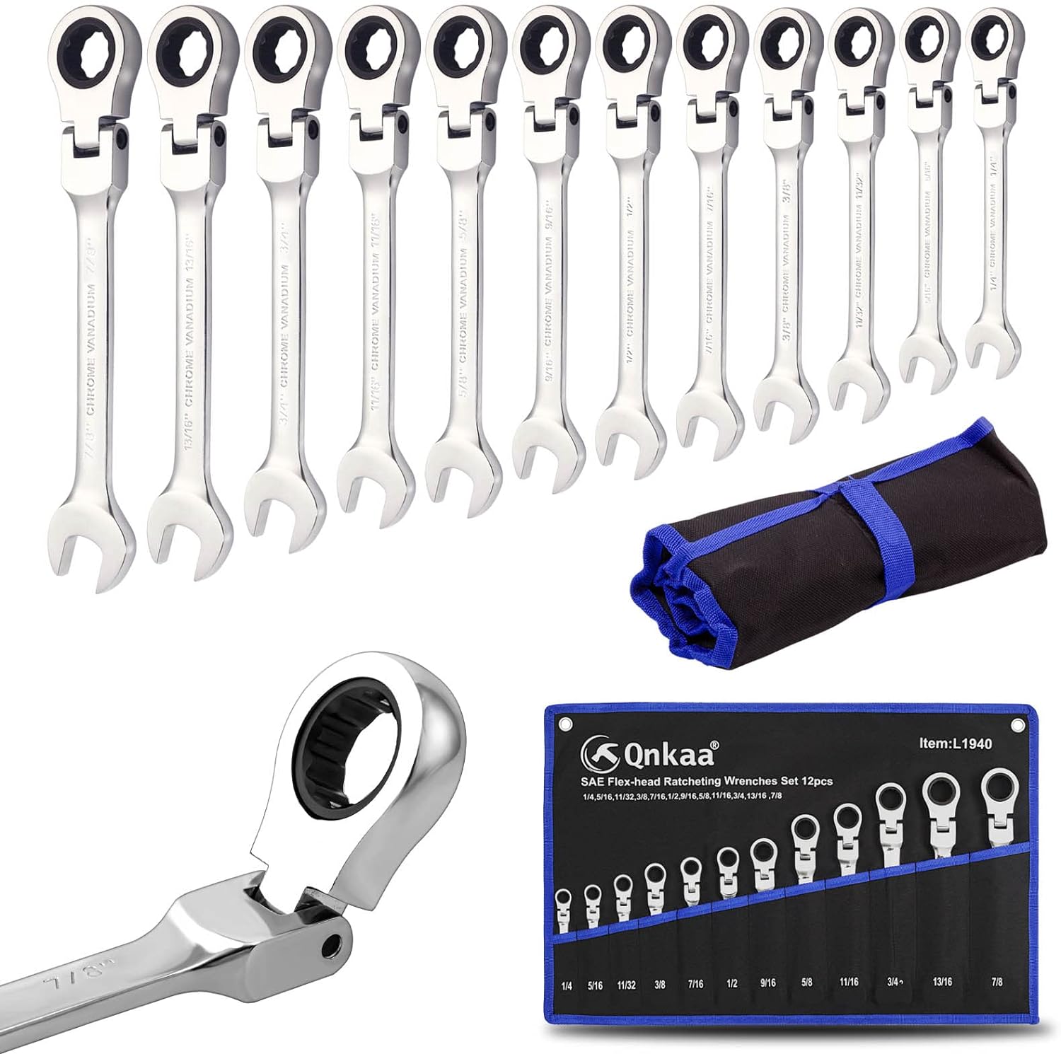 Qnkaa Flexible Ratchet Wrench Set 12pcs 8-19mm Spanner Gear Ring Ratcheting Combination Flexi Wrench Kit Metric Flex Head