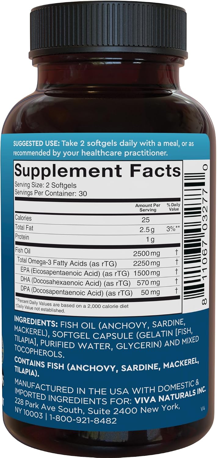 Viva Naturals Triple Strength Omega 3 Fish Oil Pills – 2500 mg High-Potency Formula with 2250 mg Omega 3 Fatty Acids (Including EPA, DHA, DPA) in rTG Form for Absorption – IFOS Certified, 90 Softgels