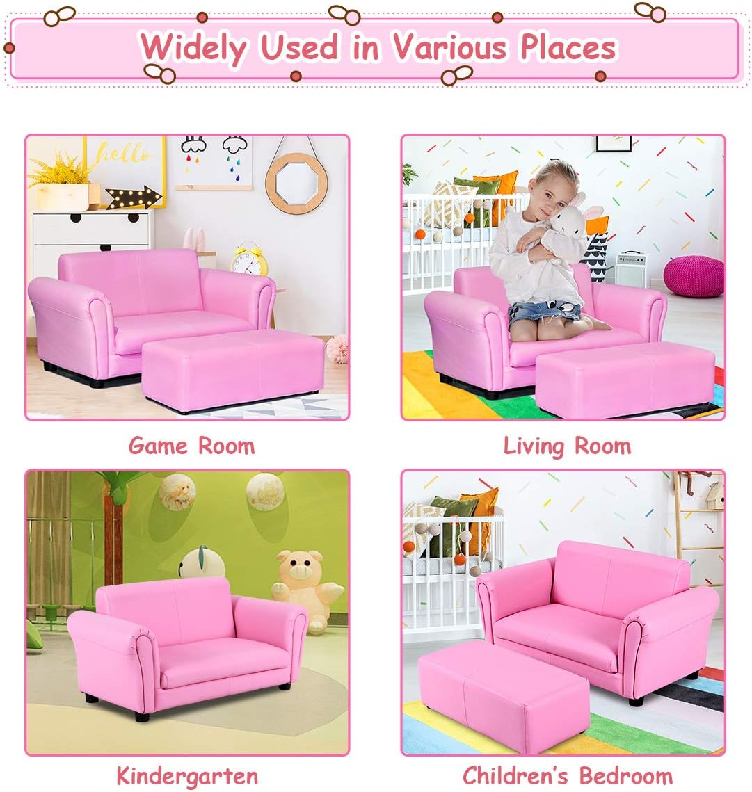 Costzon Kids Couch with Footstool, 2 in 1 Double Seat Children's Sofa w/PU Leather Surface, Armrest Chair Lounge, Soft Kids Sofa for Preschool Bedroom Kids Room Toddlers Boys Girls Birthday (Black)