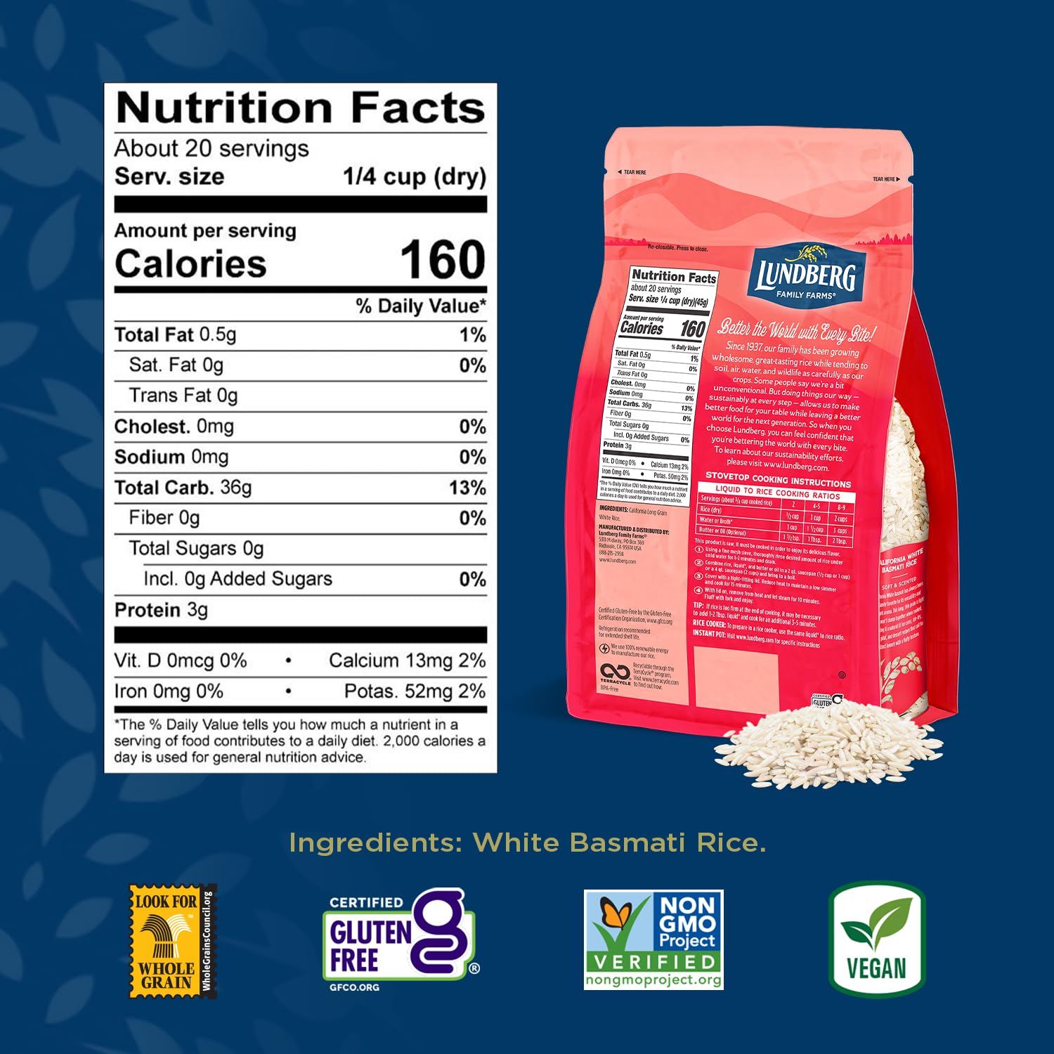 Lundberg Basmati Rice, Long Grain White Rice - Non-Sticky, Fluffy, Nutty, Aromatic Rice, Vegan Food, Healthy Meals