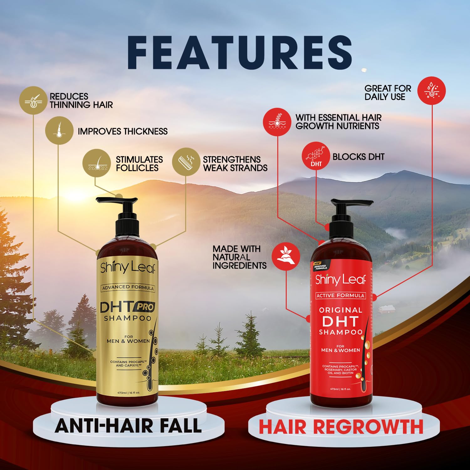 Shiny Leaf DHT Blocker Shampoo and Conditioner Set with Biotin, 2 x 16 oz | DHT blocker shampoo and conditioner with biotin, rosemary oil and asparagus extract for thinning hair. For men and women