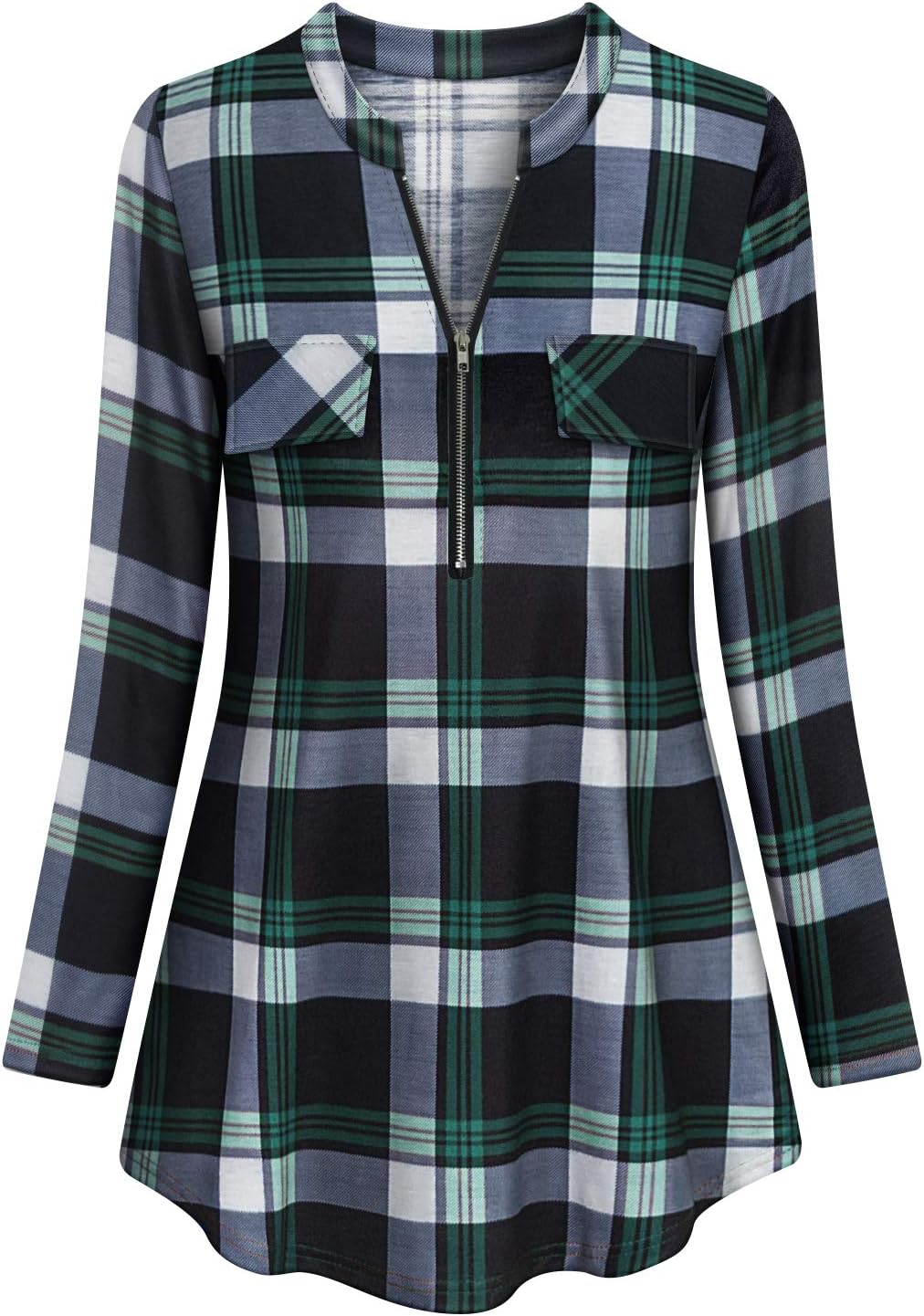 Tanst Sky Womens Casual Long Sleeve Zipped V Neck Plaid Tunic Blouses