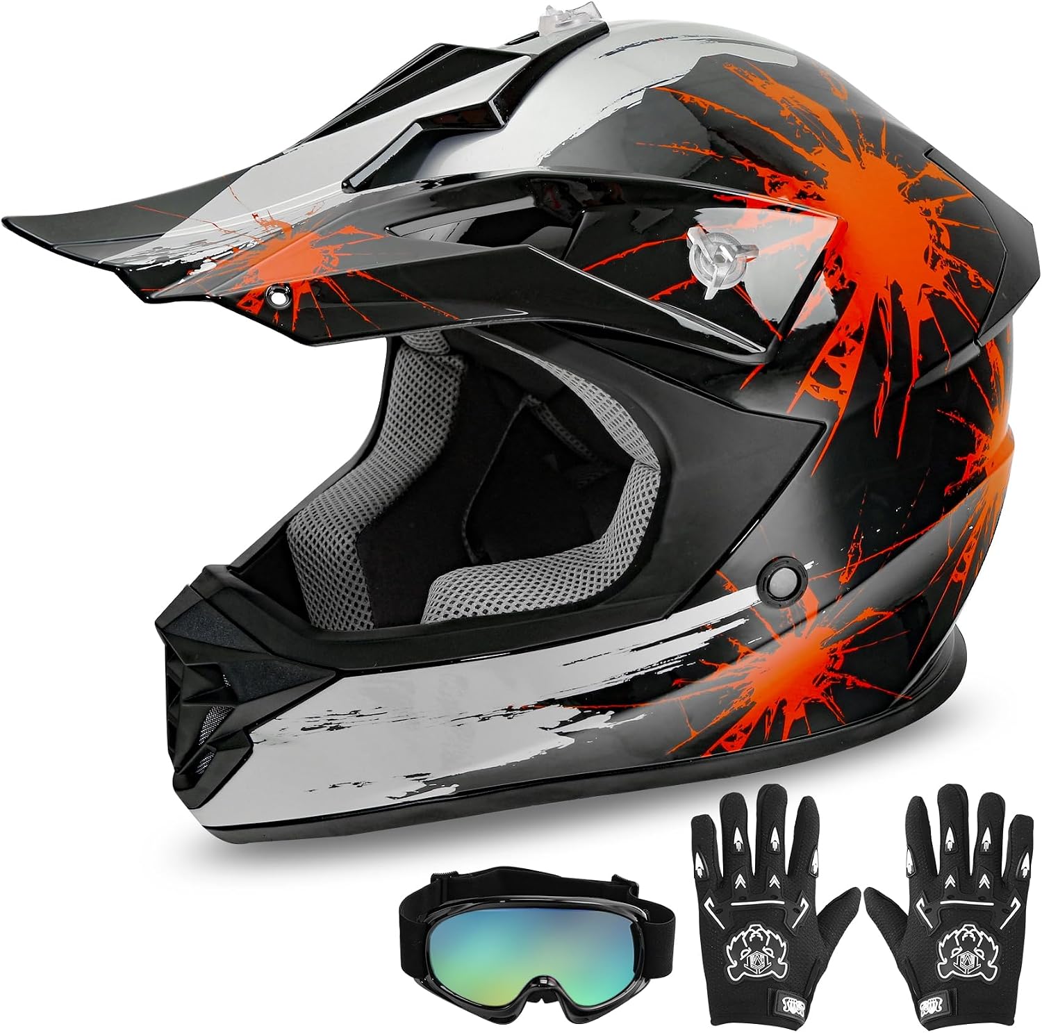 Kids Dirt Bike Helmet Youth Motorcycle Helmet DOT-Certified Full Face Helmets for Motocross ATV Off-Road Street Bike with Goggles & Gloves, Blue Flame Medium | Motorcycle Riding Gear included Goggles & Gloves, Ultra-Lightweight, For ATV UTV Off-Road, Blu…
