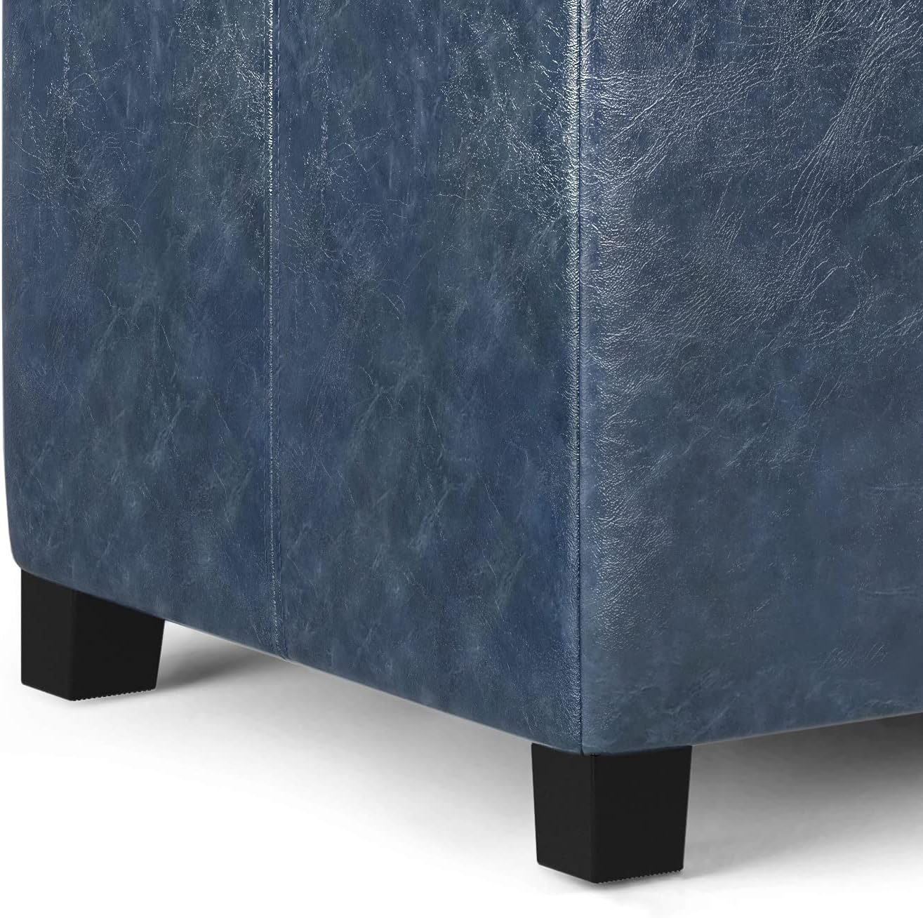 SIMPLIHOME Dover 36" Wide Vegan Leather Storage Ottoman in Midnight Black | Distressed umber brown, contemporary ottoman with lift-top and safety hinges; rectangle storage bench for living room.
