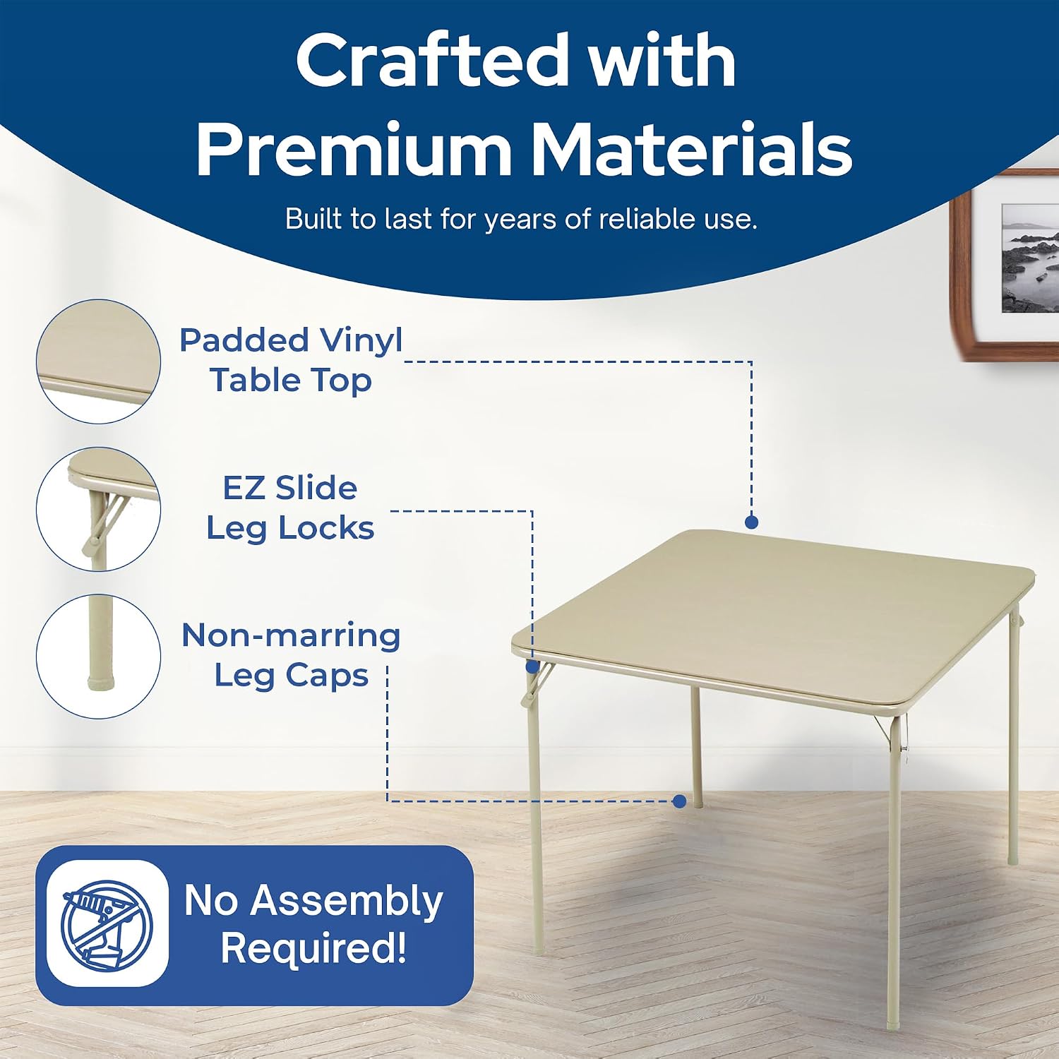 Sudden Comfort 34 by 34 Inch Portable EZ Slide Leg Lock Square Metal Padded Vinyl Top Folding Dining Card Table in Buff Tan