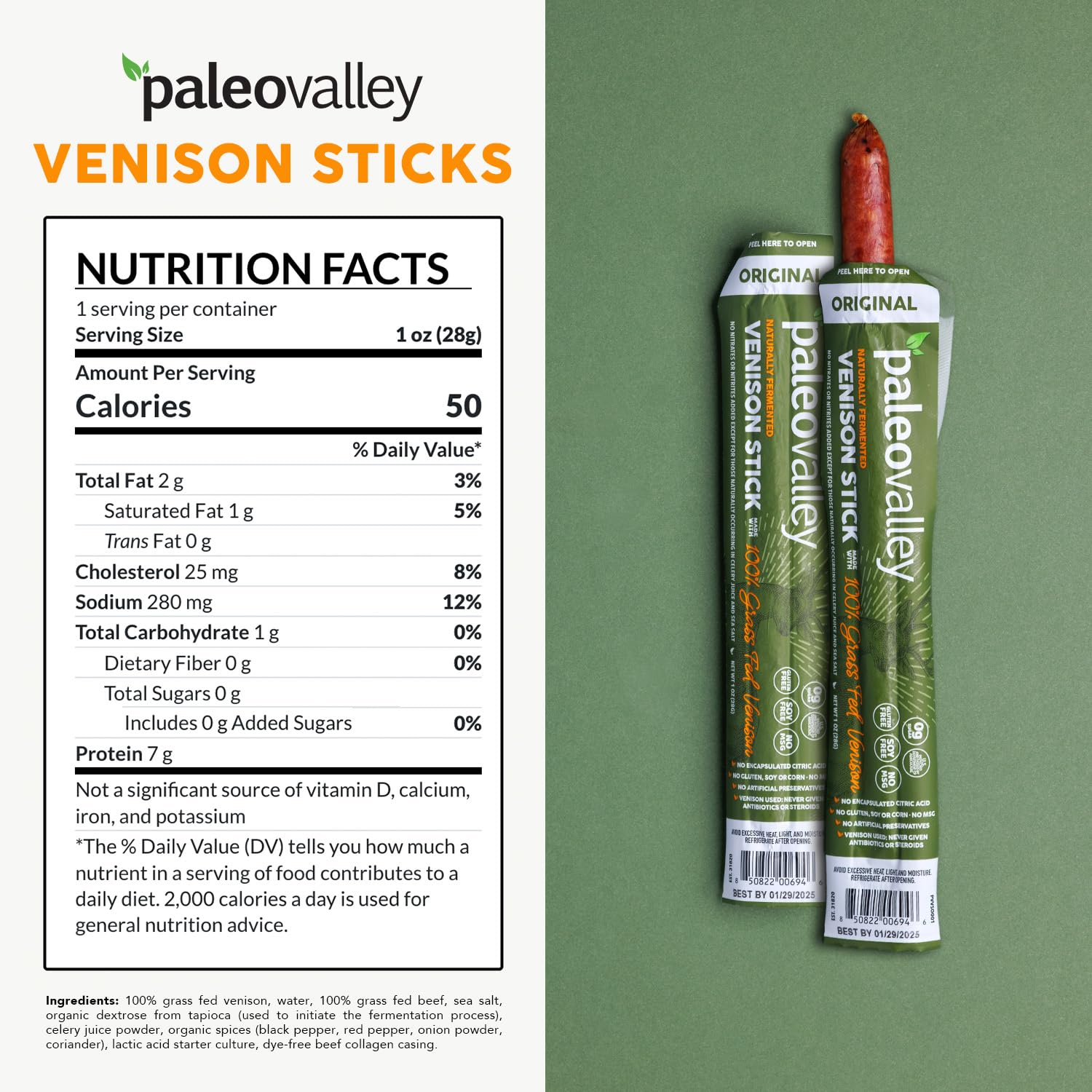 Paleovalley 100% Grass Fed Beef Sticks, Protein Snacks, Original | 10 Count, Individually Wrapped, Naturally Fermented, Gluten Free, Keto and Paleo, Made With Simple Ingredients, 6g Protein