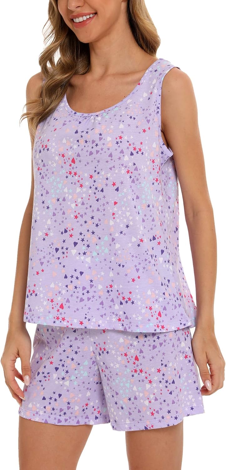 ENJOYNIGHT Womens Pajama Set Cotton Summer Sleep Tank and Shorts Pjs