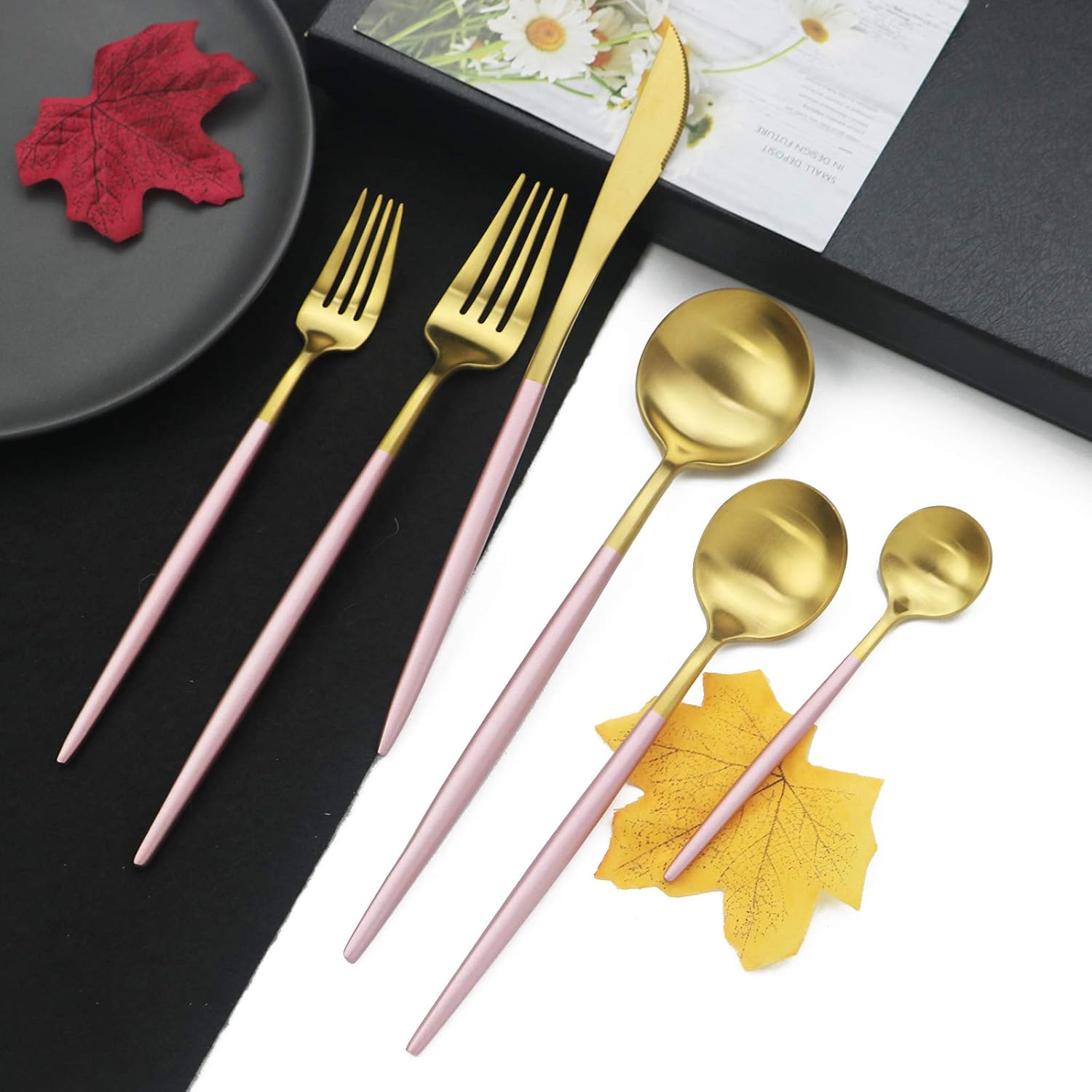 JASHII Luxury 18/10 Rainbow Flatware Set - 304 Stainless Steel Colorful Cutlery - 5-Piece Adaline Royal Modern Satin Finish for Birthday