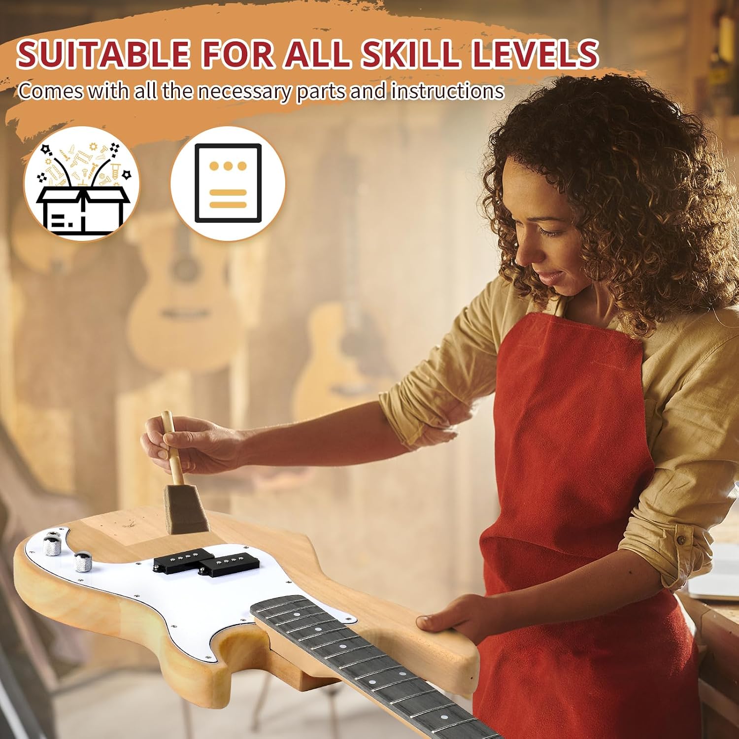 Ktaxon DIY Electric Guitar Kit, 44Inch DIY Bass Guitar Kit (KIB) | Mahogany Body, Solid Wood Fingerboard and Maple Neck, Easy Installation & All Accessories Included to Build Your Own Guitar