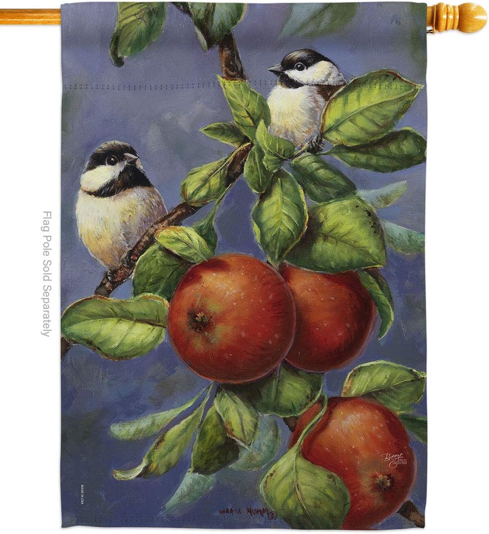 H105034-BO Chickadees & Apples Garden Friends Birds Impressions Decorative Vertical 28" x 40" Double Sided House Flag Printed in USA