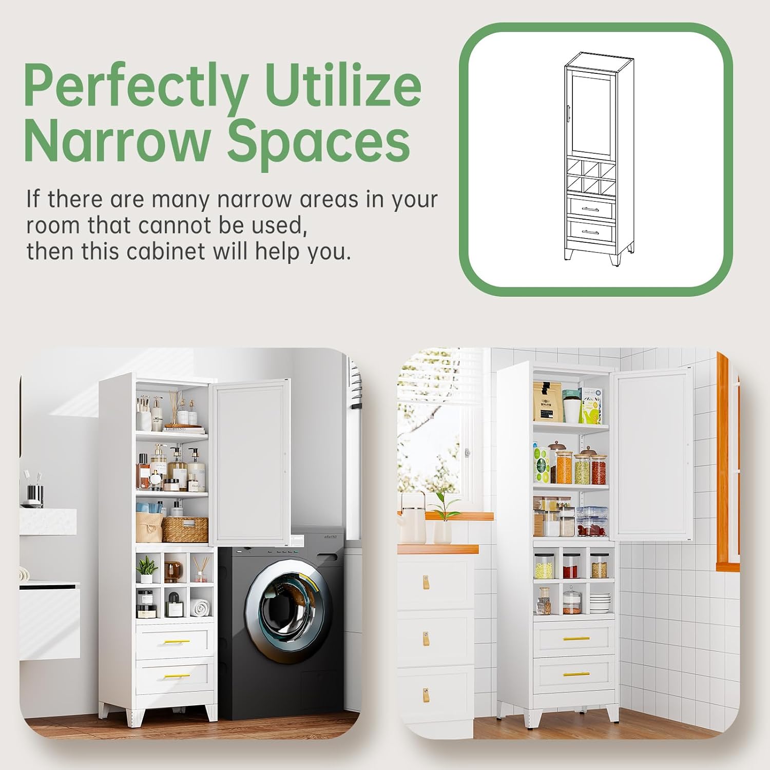 Ckzbx Tall Narrow Storage Cabinet 66.93" H Tall Bathroom Cabinet Metal Pantry Cabinets, 4 Adjustable Shelves for Kitchen, Home Office, Living Room, Dinning Room (20 inches Wide White)