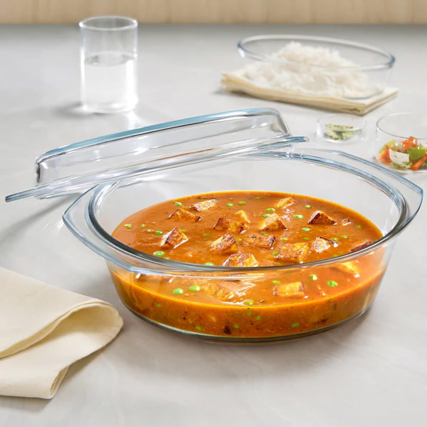 Borosil Glass Casserole - Oven and Microwave Safe Serving Bowl with Glass Lid, 2.5L