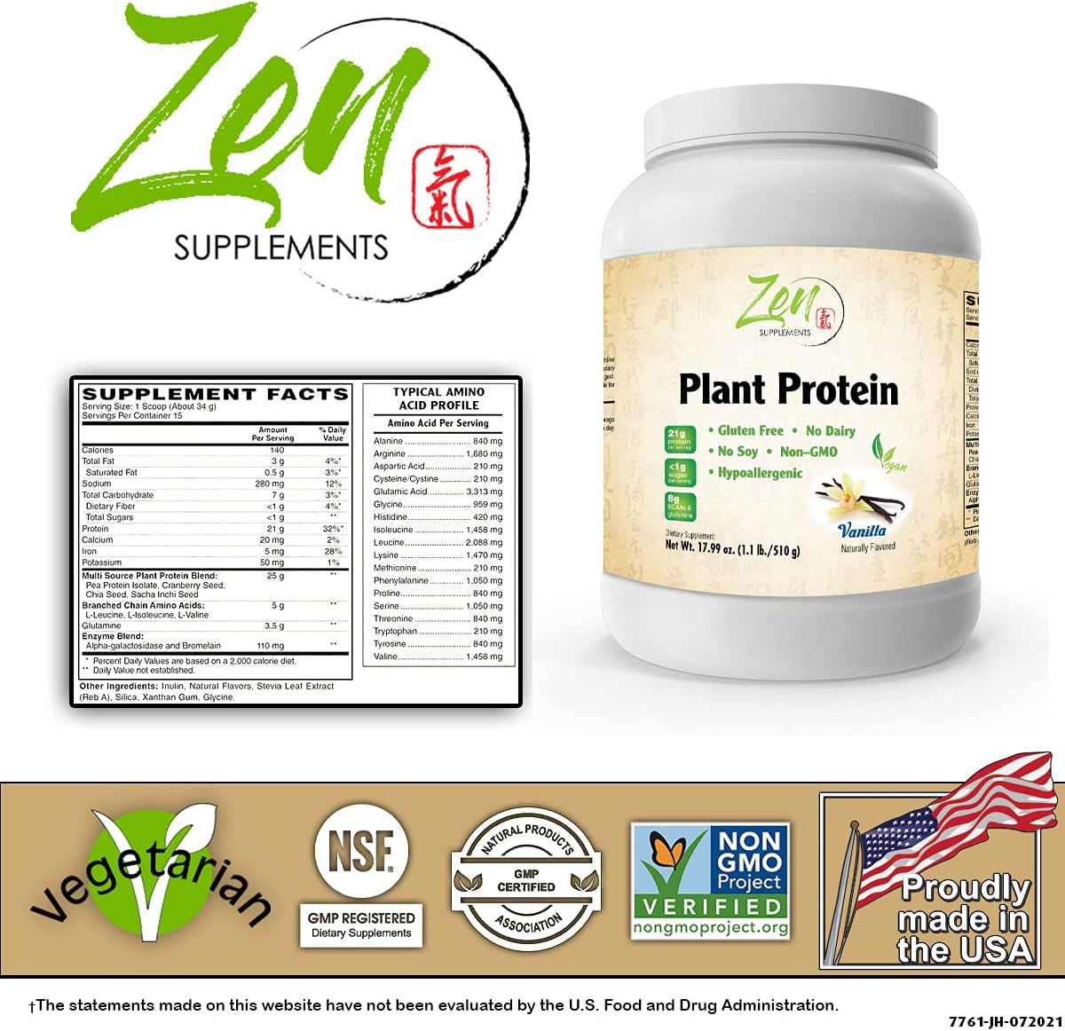 Plant Protein-Vanilla 510G 1.1LB-Powder- 25 Grams of Protein Per Serving -Vegan, Low Net Carbs, Non Dairy, Gluten Free, Lactose Free, No Sugar Added