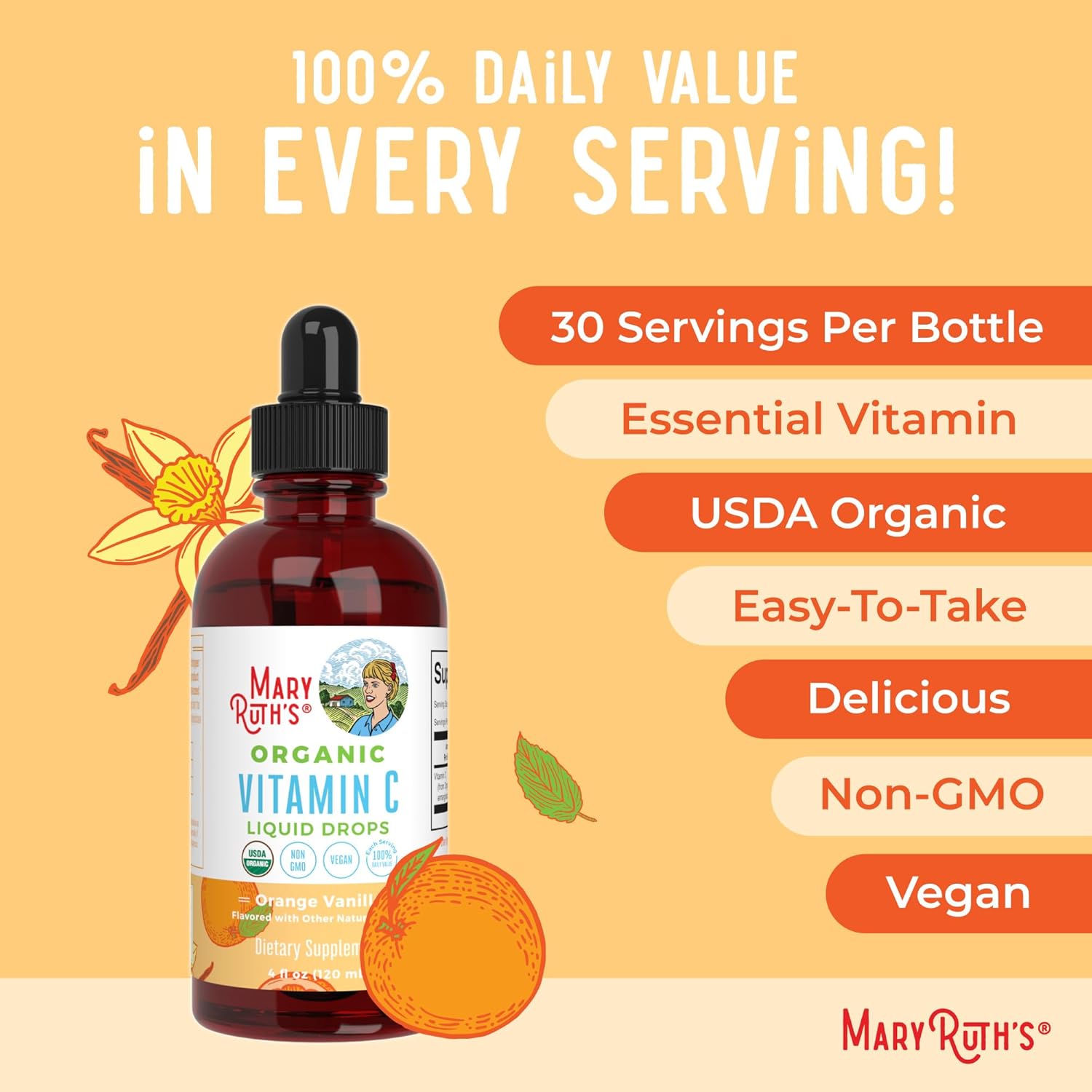 MARYRUTH'S Organic Vitamin C Supplement | Liquid Vitamin C Liquid Drops for Adults & Kids | Immune Support Supplement for Overall Health | Vegan