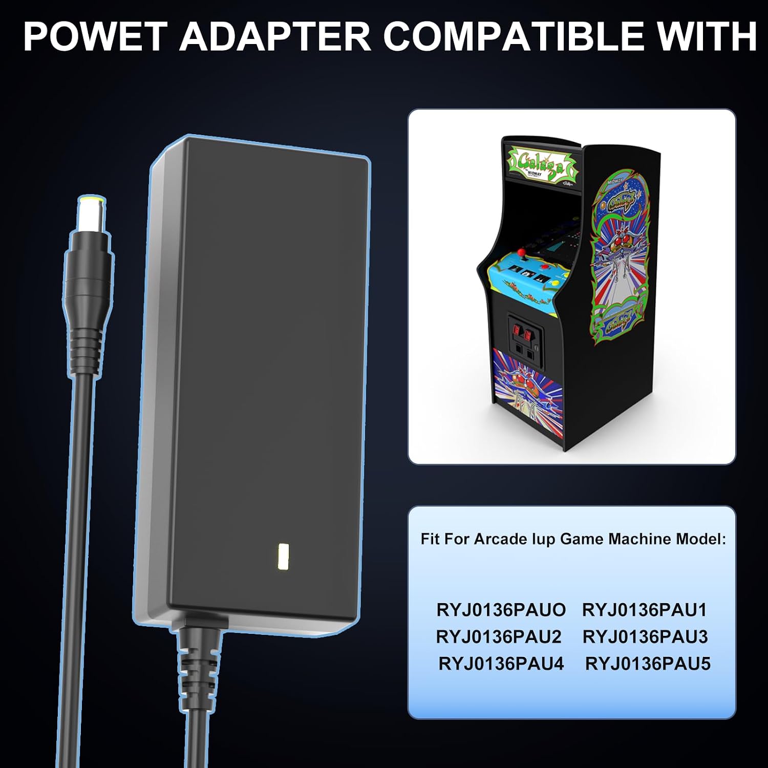 12V Power Cord for Arcade1up Machines - Instant Revival Replacement Charger for 3/4 Scale Cabinets & Cocktail Tables