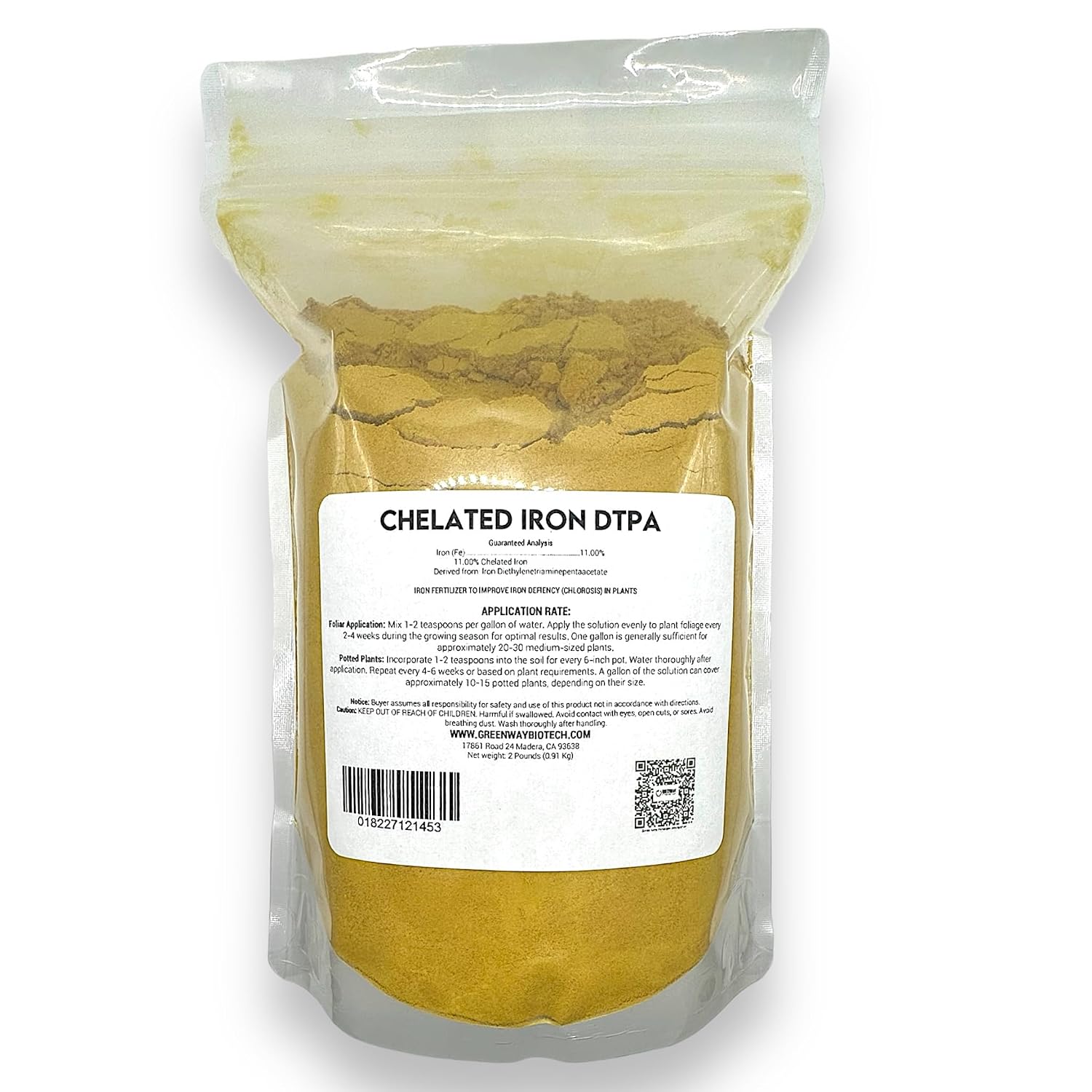 Greenway Biotech, Inc. Chelated Iron DTPA 11% - for Alkaline Soils (pH 4.0-7.5) - 100% Water Soluble Fertilizer for Citrus, Lawns & Hydroponics - Corrects Iron Chlorosis - Made in USA - 1 Pound