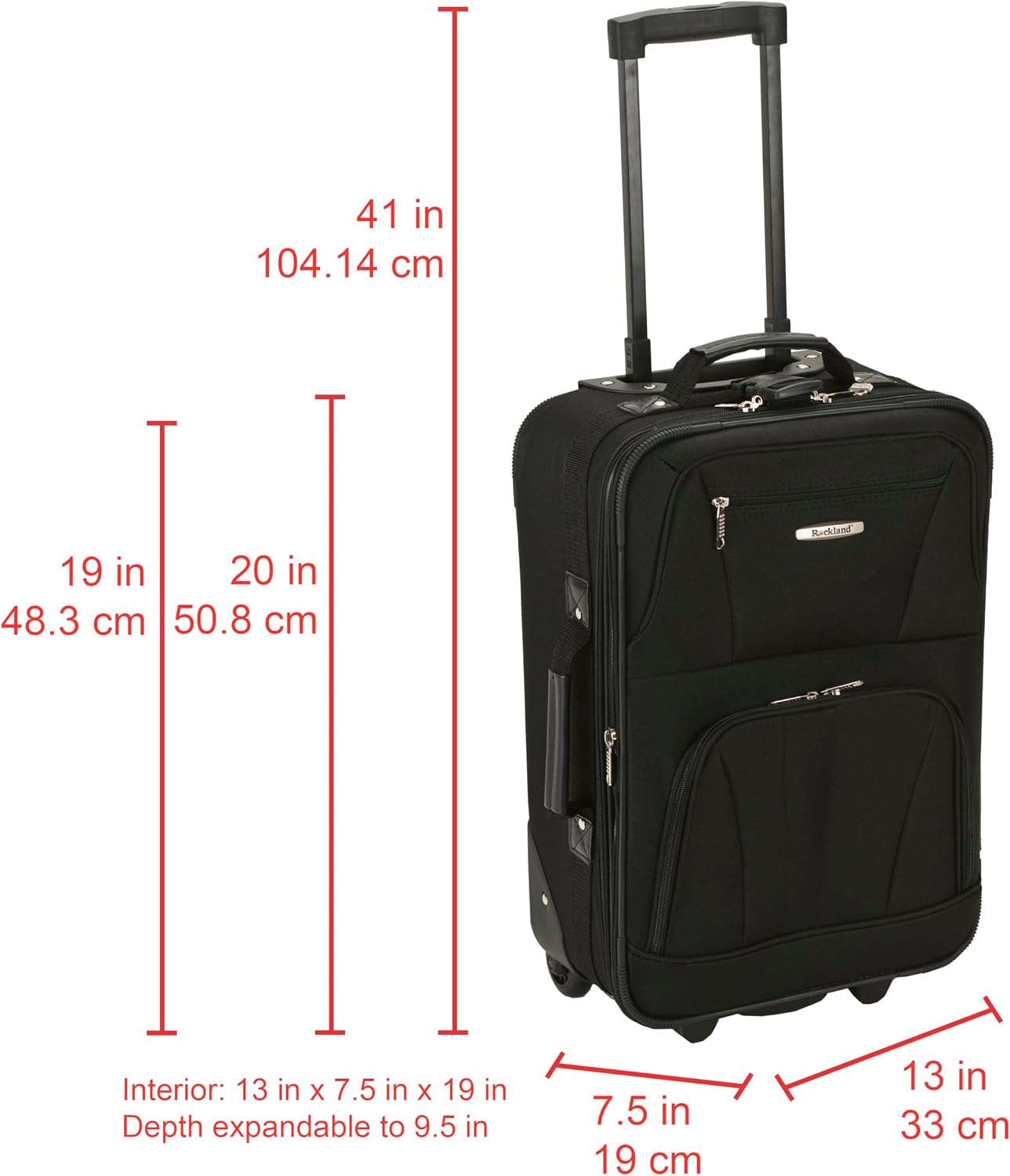 Rockland Fashion Softside Upright Luggage Set,Expandable, Telescopic Handle, Wheel, Black Dot, 2-Piece (14/19)