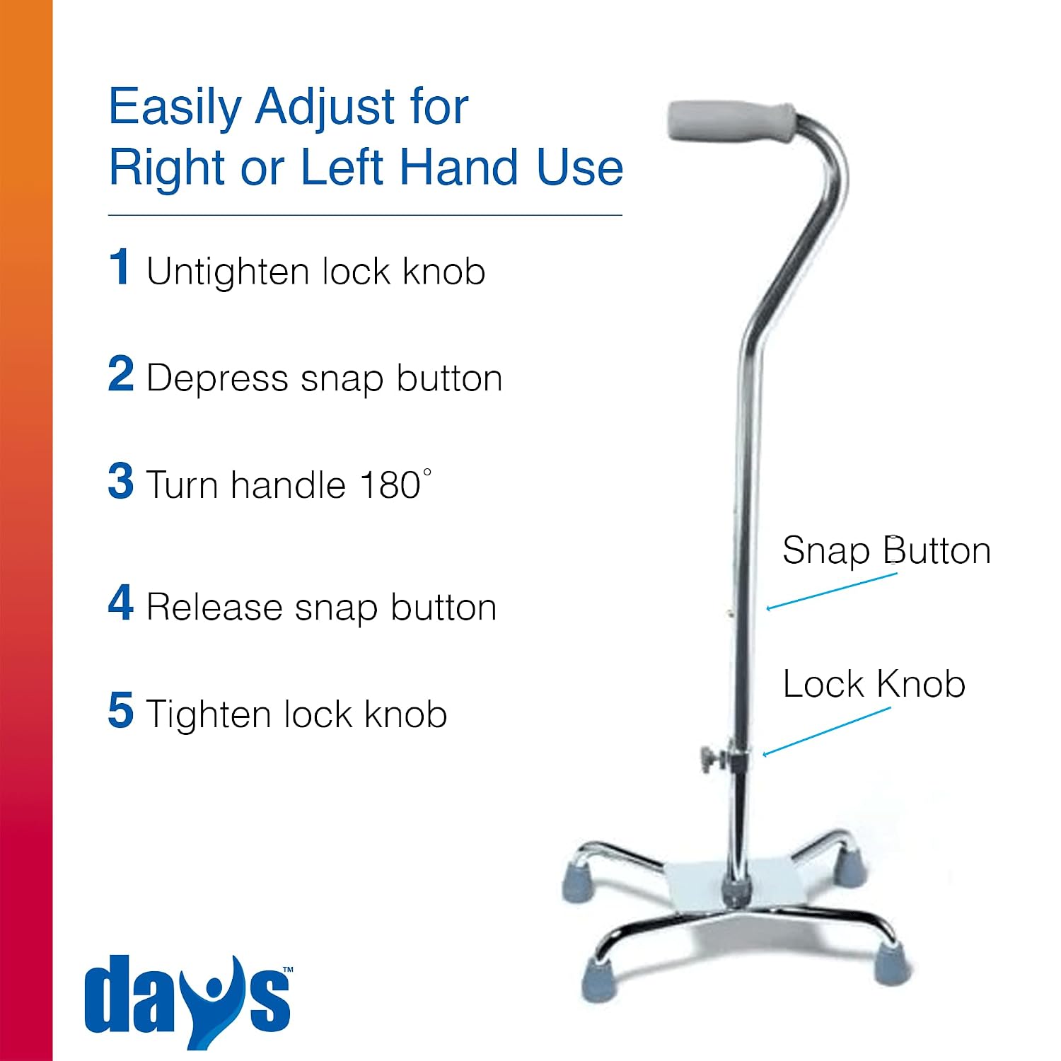 Days Quad Cane with Wide Base – Adjustable Walking Cane for Men & Women, Aluminum 4-Prong Walking Stick for Seniors with Slip-Resistant Rubber Tips, Lightweight & Self-Standing Mobility Aid